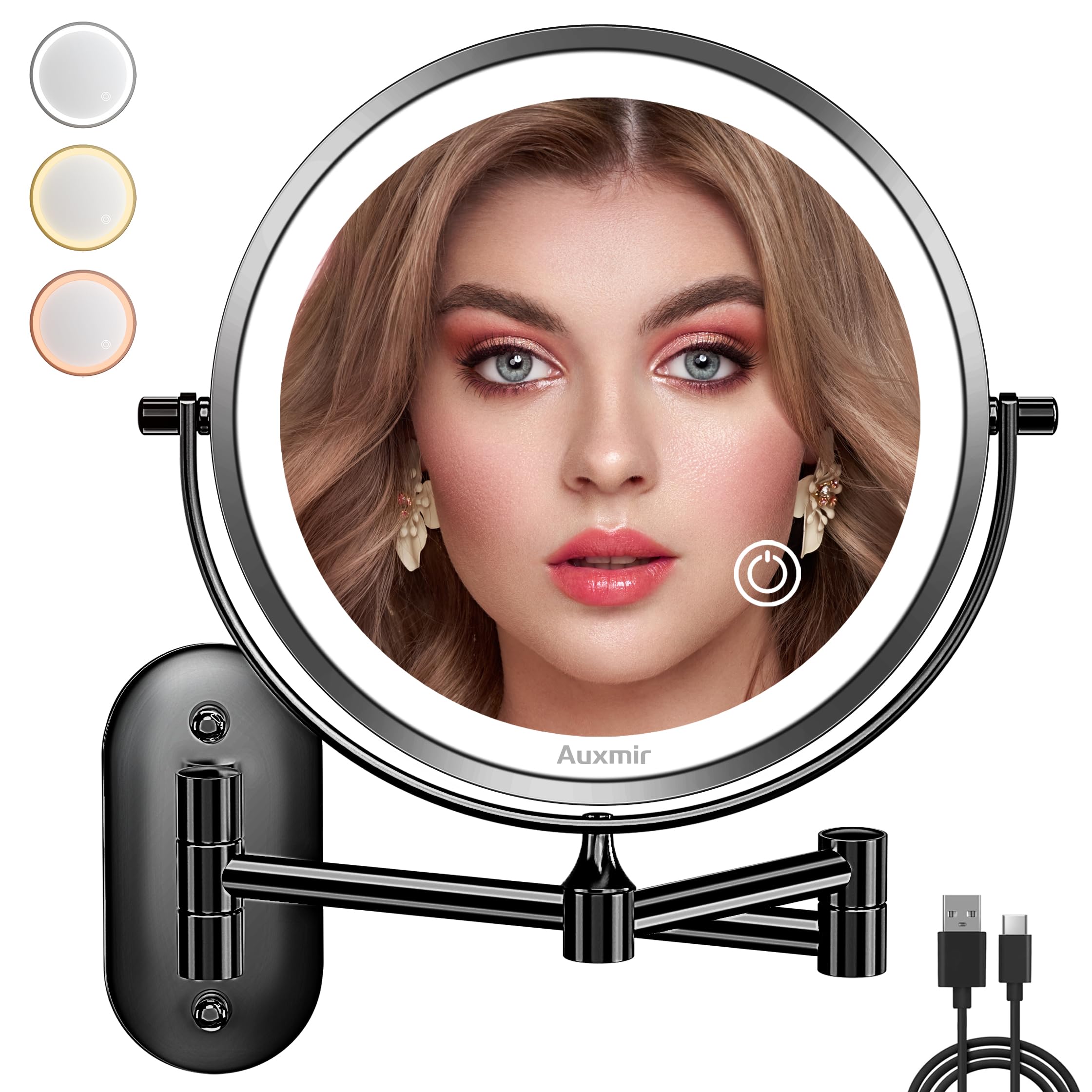 Auxmir Espejo Maquillaje con Luz Recargable, Aumento 1X/20X Doble Cara Giratorio 360, Espejo Baño Pared Extensible Táctil con USB, 3 Colores Brillo Regulable, para Hotel, Negro