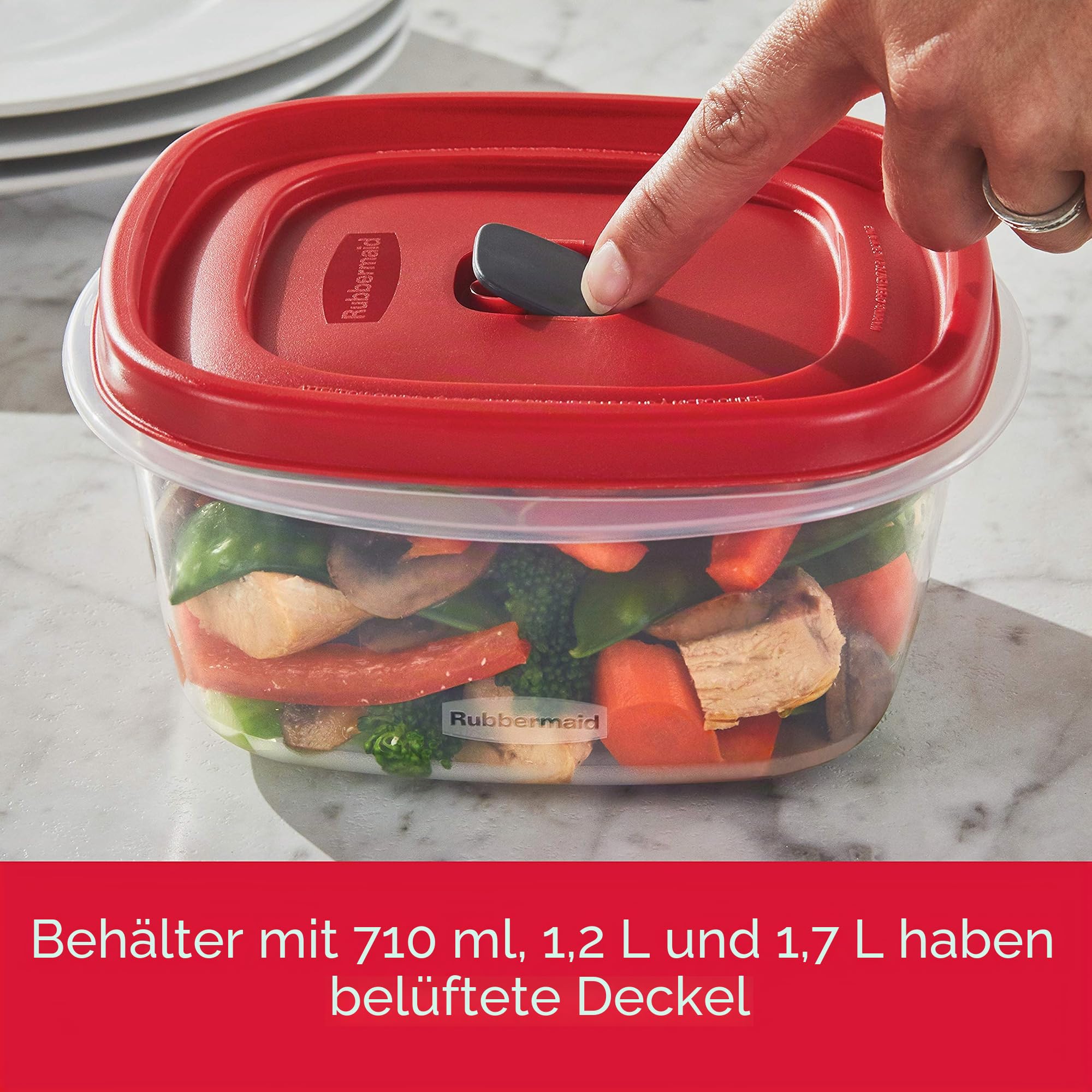 Rubbermaid 2108392 Leicht zu findende Deckel Frischhaltedosen mit belüfteten Deckeln, 8 (insgesamt 16 Stück), Kunststoff, Rot/Ausflug, einfarbig (Getaway Solids)
