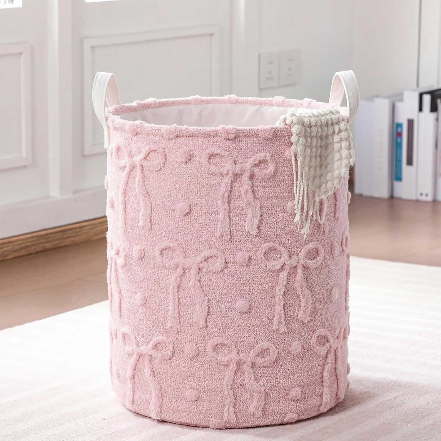 Blushtier Pink Bow Laundry Hamper Girls Room Decor Bow Plush Faux Fur Basket Kids Large Storage Basket Collapsible Organize Bins for Gifts Toys Blanket Clothes Nursery Bedroom