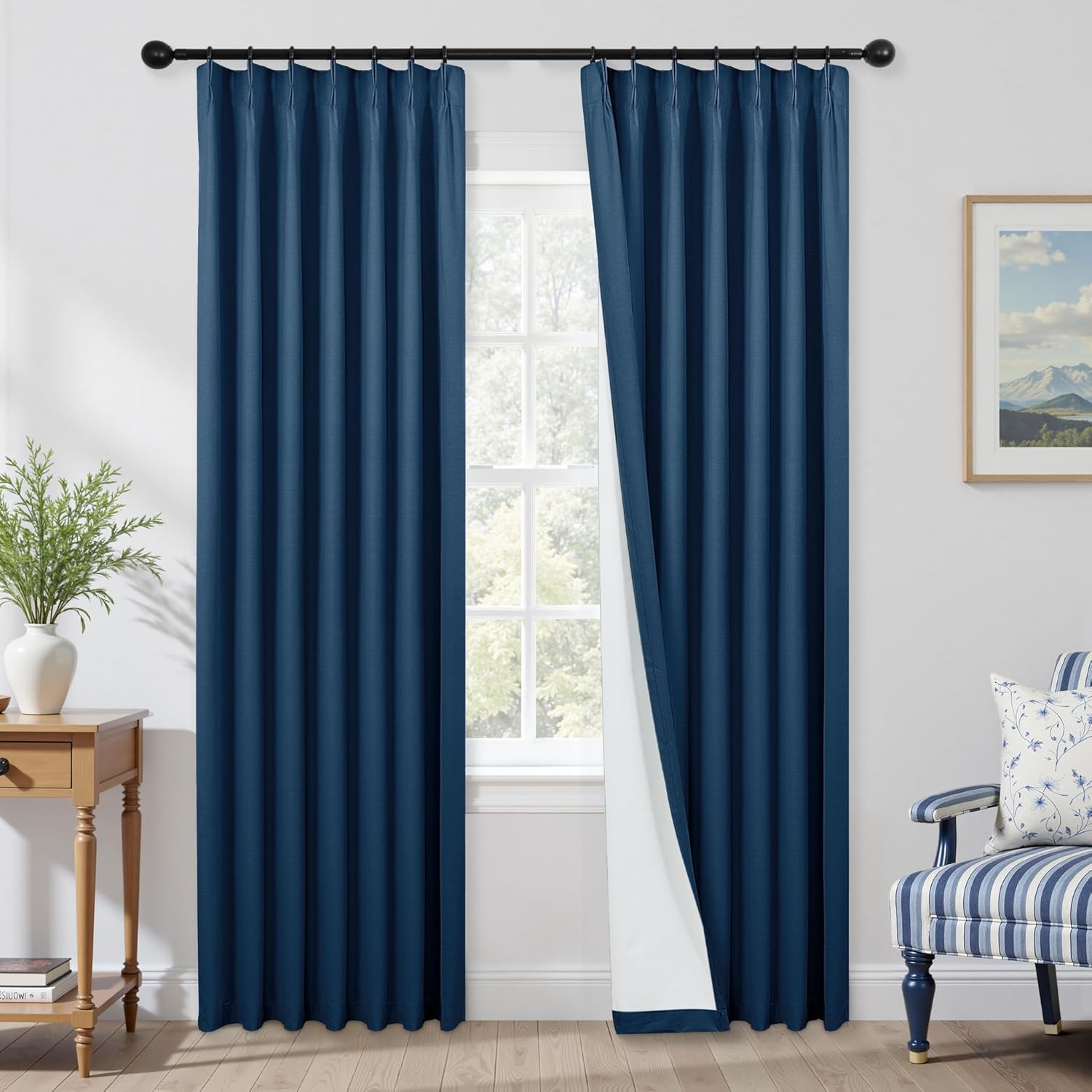 Mrs.Naturall Navy Blue Pinch Pleated Linen Blackout Curtains 42 by 90 for Dining Room