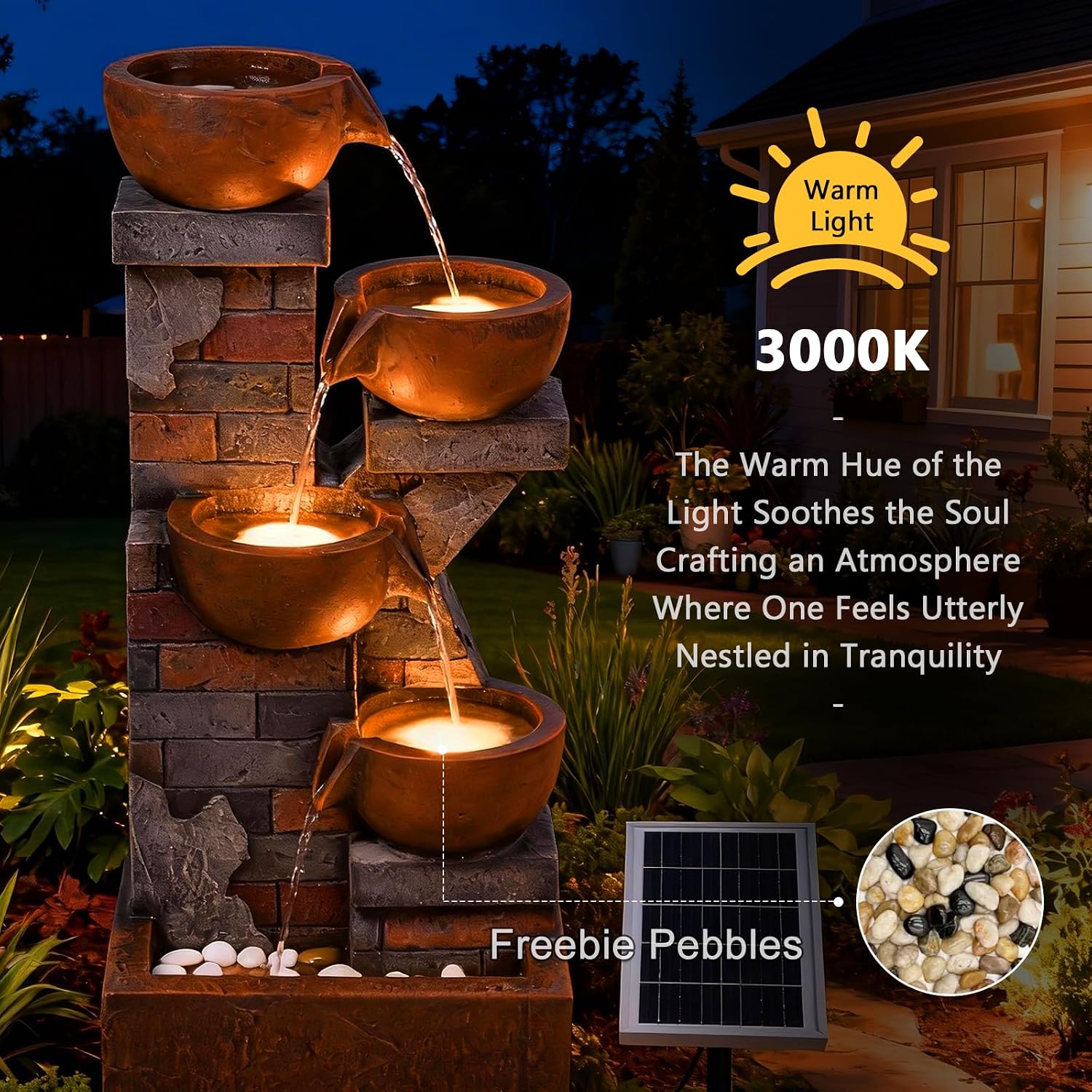 5 Tiers Solar Outdoor Water Fountain - 33.5" H Shape K Indoor Waterfall Fountain with LED Lights for Patio, Balconies, Lawns, Deck, Porch Backyard and Home Art Decor