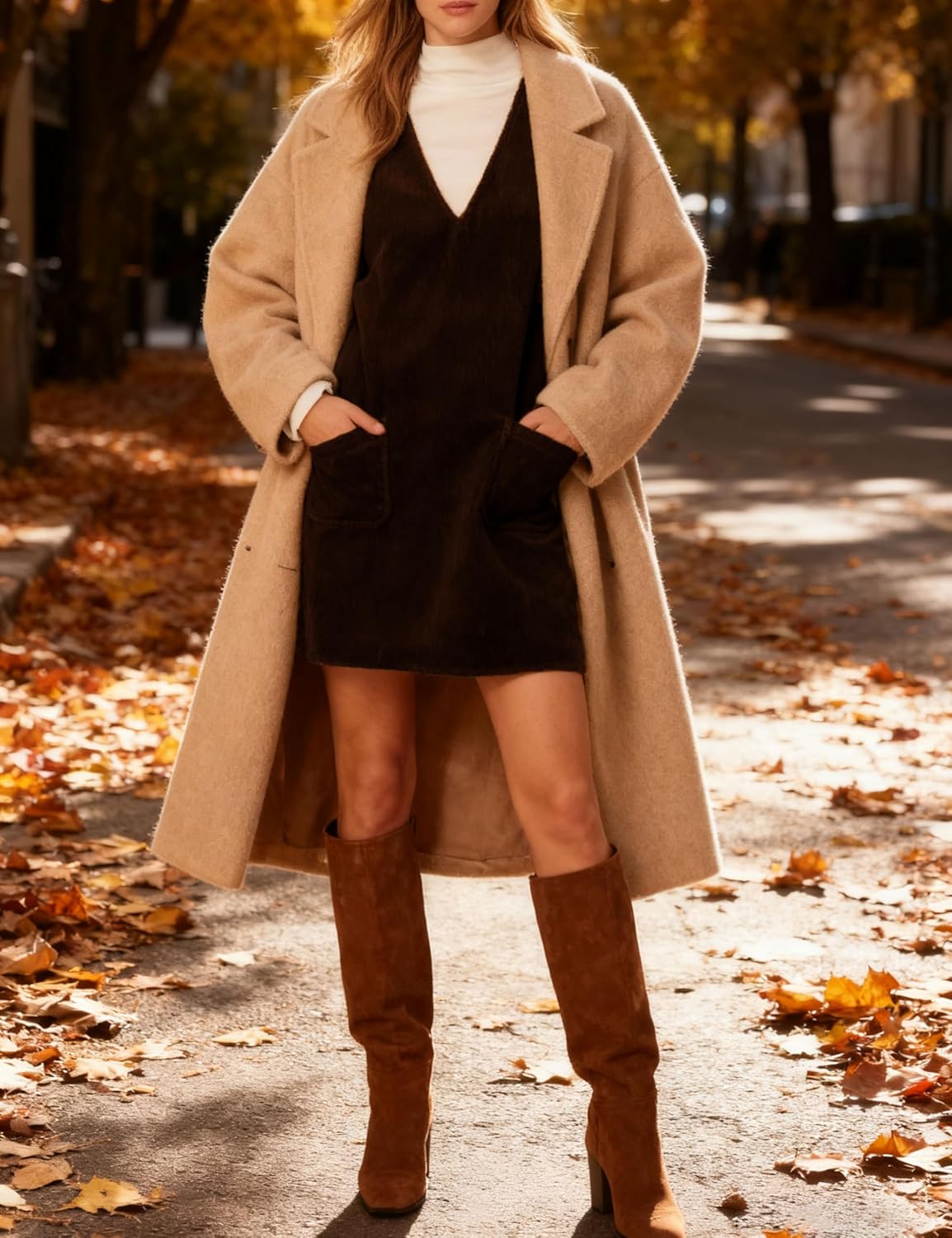 Hooever Women Corduroy Overall Dress V Neck A Line Skirtall Jumper Mini Dress Pinafore with Pockets - Image 6