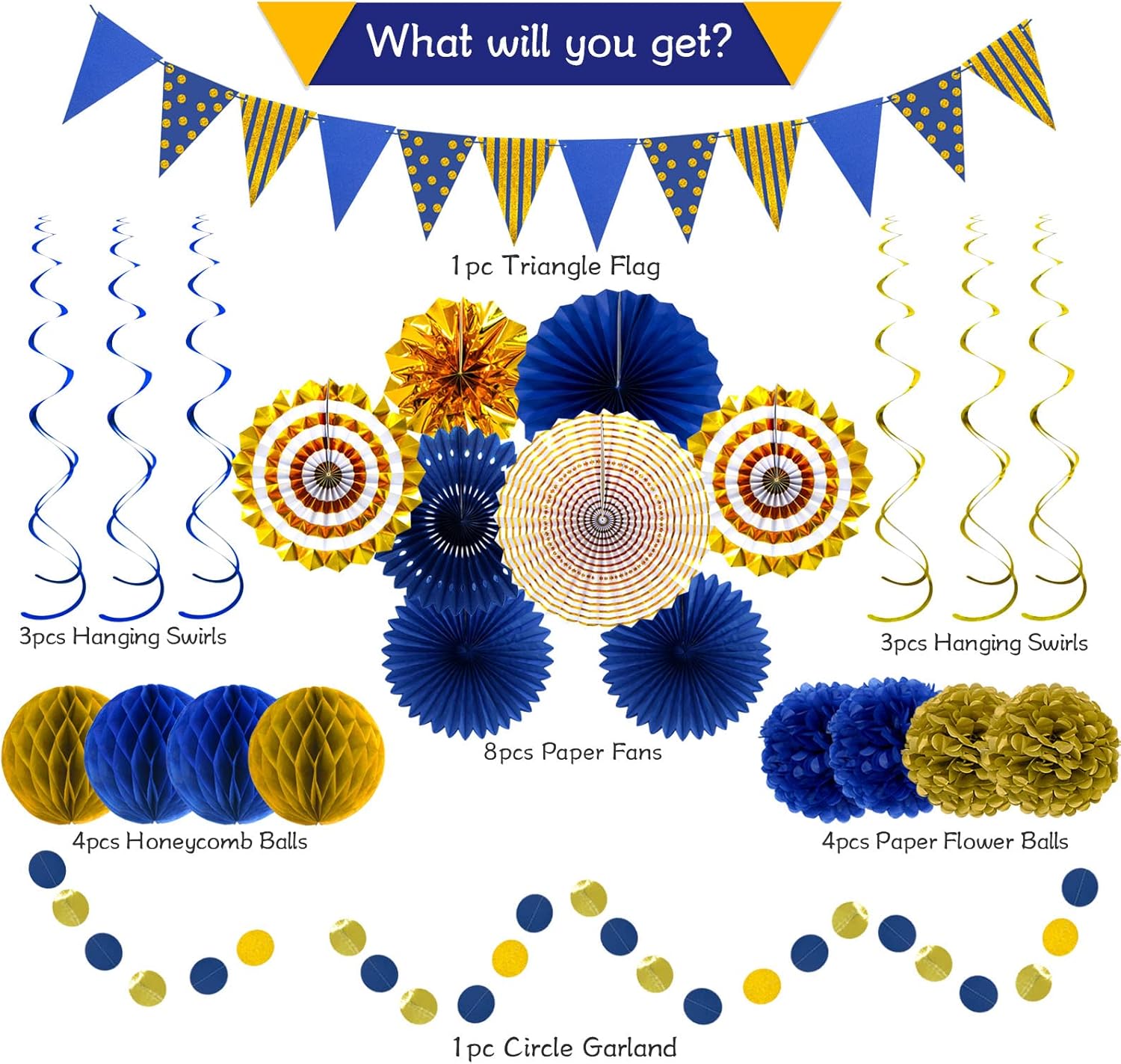 Blue Gold Party Decorations, Graduation Season Hanging Glitter Triangle Flags Banner Paper Fan Tissue Pom Poms Garlands, Boy Men Party, Bridal Shower, Navy Blue Themed Birthday
