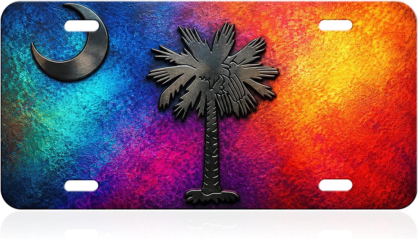 Palmetto Crescent Color Burst Decorative License Plate, 6 x 12 Aluminum | A vivid coastal-style wall accent for garages, cabins, offices, RVs, dorms, and state-pride display spaces.