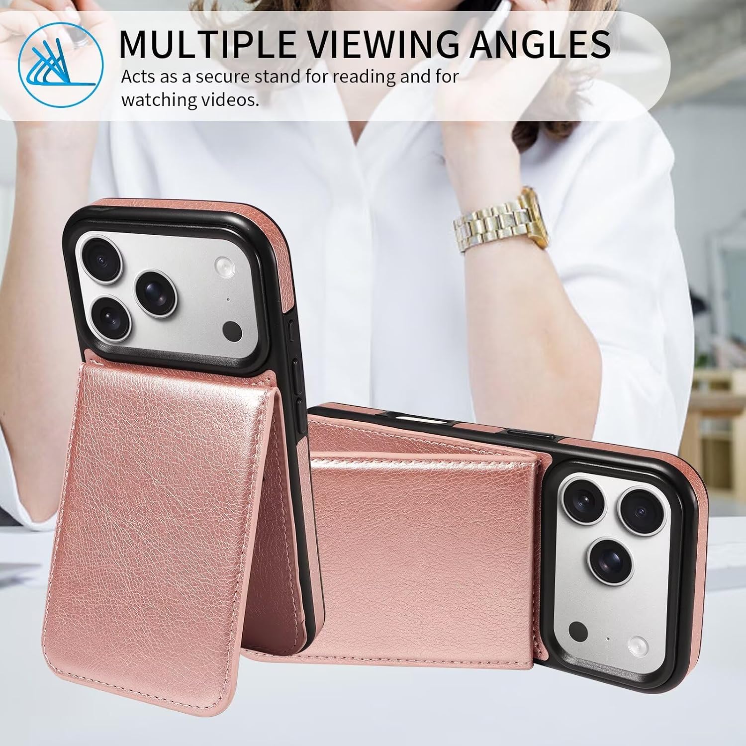 Compatible with iPhone 17 Pro Wallet Case with Card Holder, Ejector Pin & SIM Card Storage, PU Leather Kickstand Card Slots Case Shockproof Protective Phone Case Cover Pink