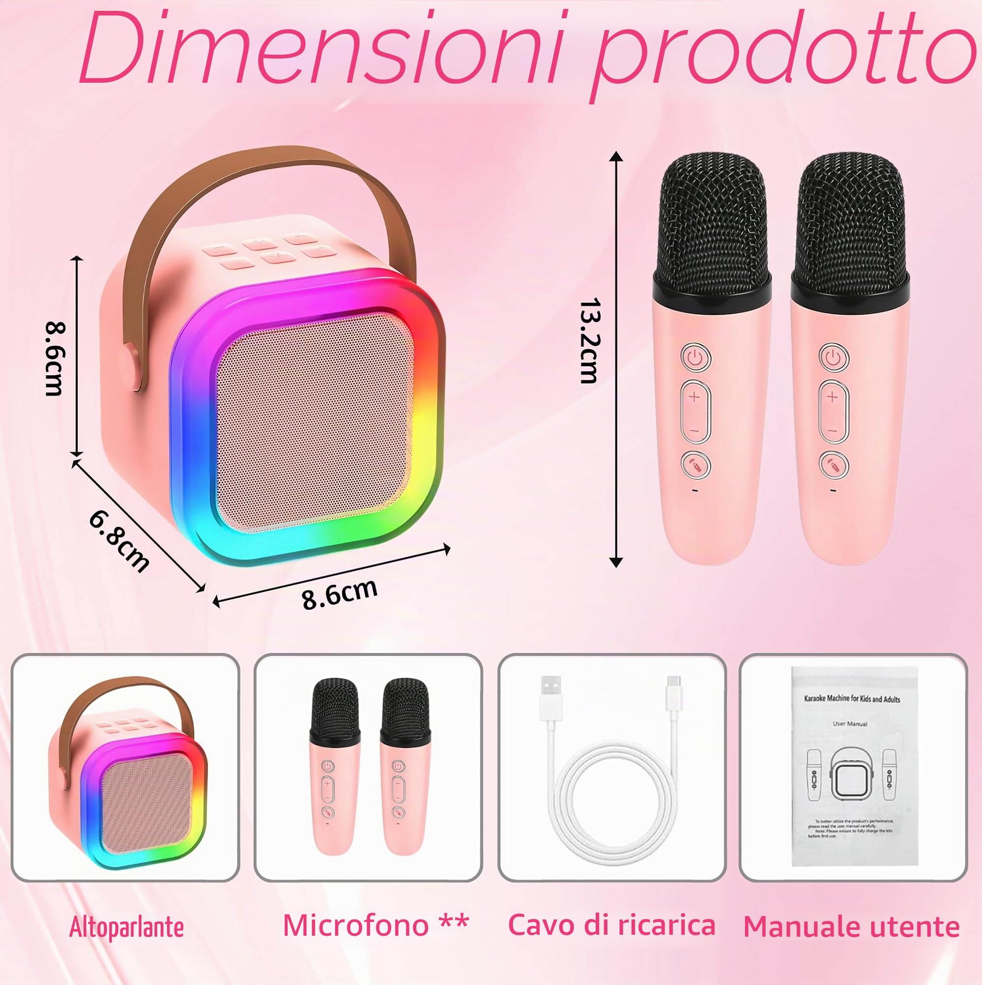 Chennyfun Macchina Karaoke con 2 Microfono, Karaoke Portatile Bambini con Altoparlante Bluetooth, Luce LED ed Effetti di Cambio Voce, Giocattoli per Karaoke Ricaricare per Ragazzi e Ragazze