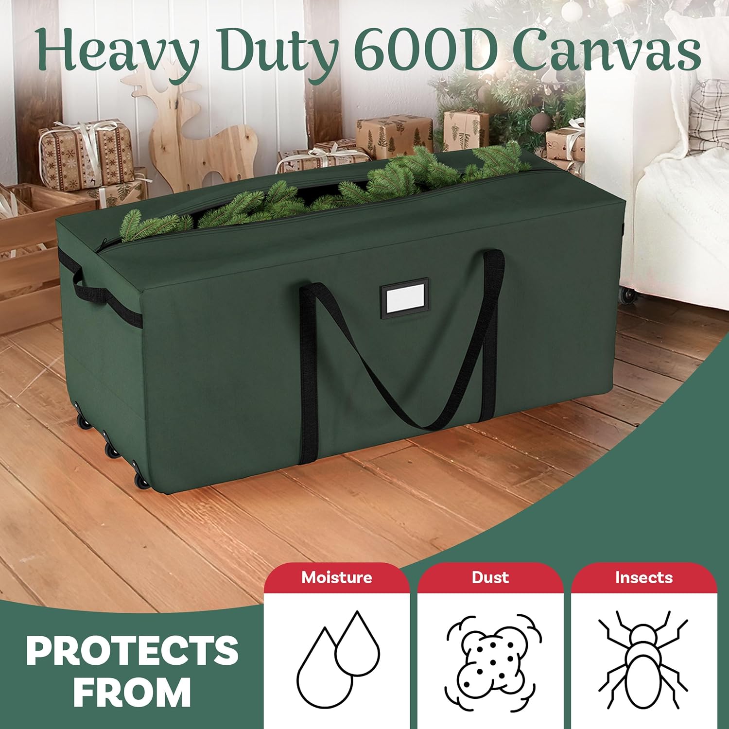 Rolling Christmas Tree Storage Bag - Waterproof Bag for 9-Foot Tree or Christmas Decor - Nylon Handles and 3 Rollerblade Wheels by Elf Stor (Green)