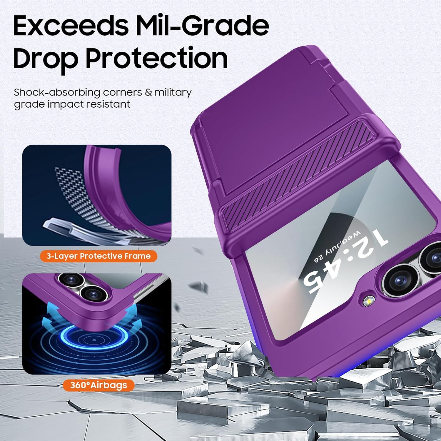 CENMASO for Samsung Galaxy Z Flip 6 Case/Z Flip 7 FE Case with Card Holder [RFID Blocking] & Hinge Protection & Screen Protector, Full-Body Shockproof Phone Case for Z Flip 6/Z Flip 7 FE-Purple