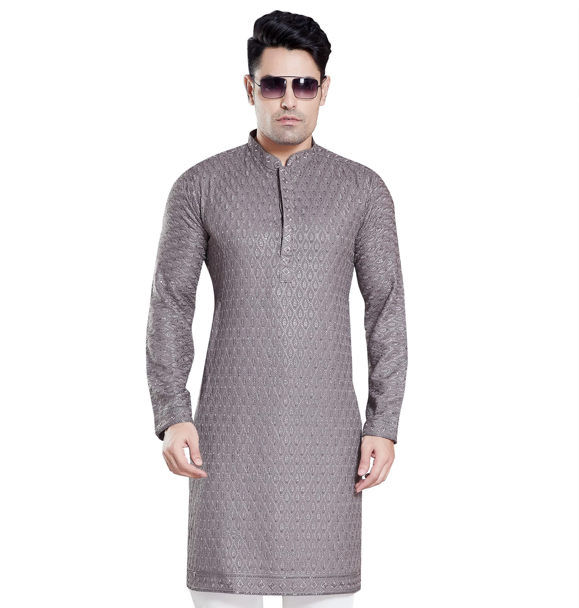 Divisive Men's Sequince Embroidered Cotton Blend Only Slim Fit Kurta (Dkrt114_L_Grey)
