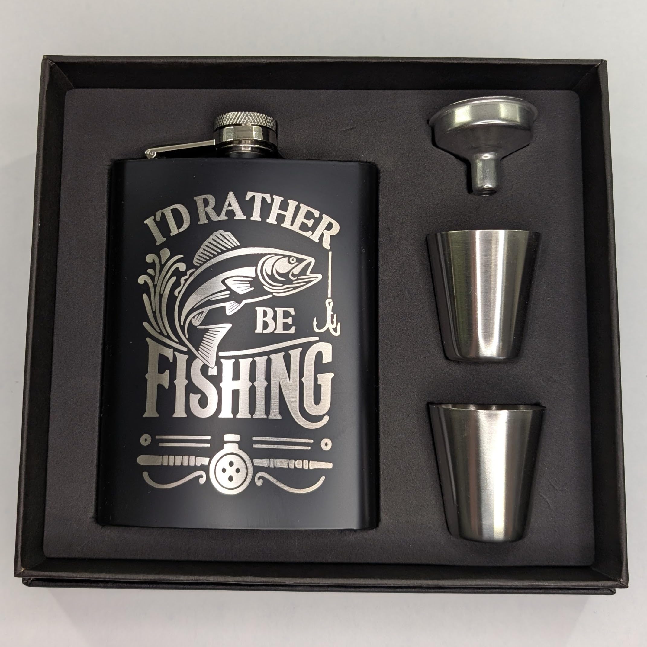 I'd Rather Be Fishing Flask Gift Set: Hip Flask with 2 Shot Glasses and Funnel (Black, Flask Gift Set)