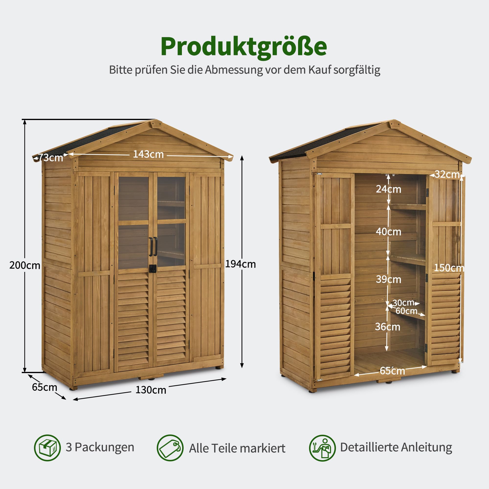 M MCombo Gartenschrank Gartenhaus Holz Wetterfest, Geräteschrank Holzschrank Outdoor Wasserdicht Begehbar, für Außenbereich Balkon Terrasse, Gerätehaus mit 6 Feste Regale 74×143×200 cm (Natur)