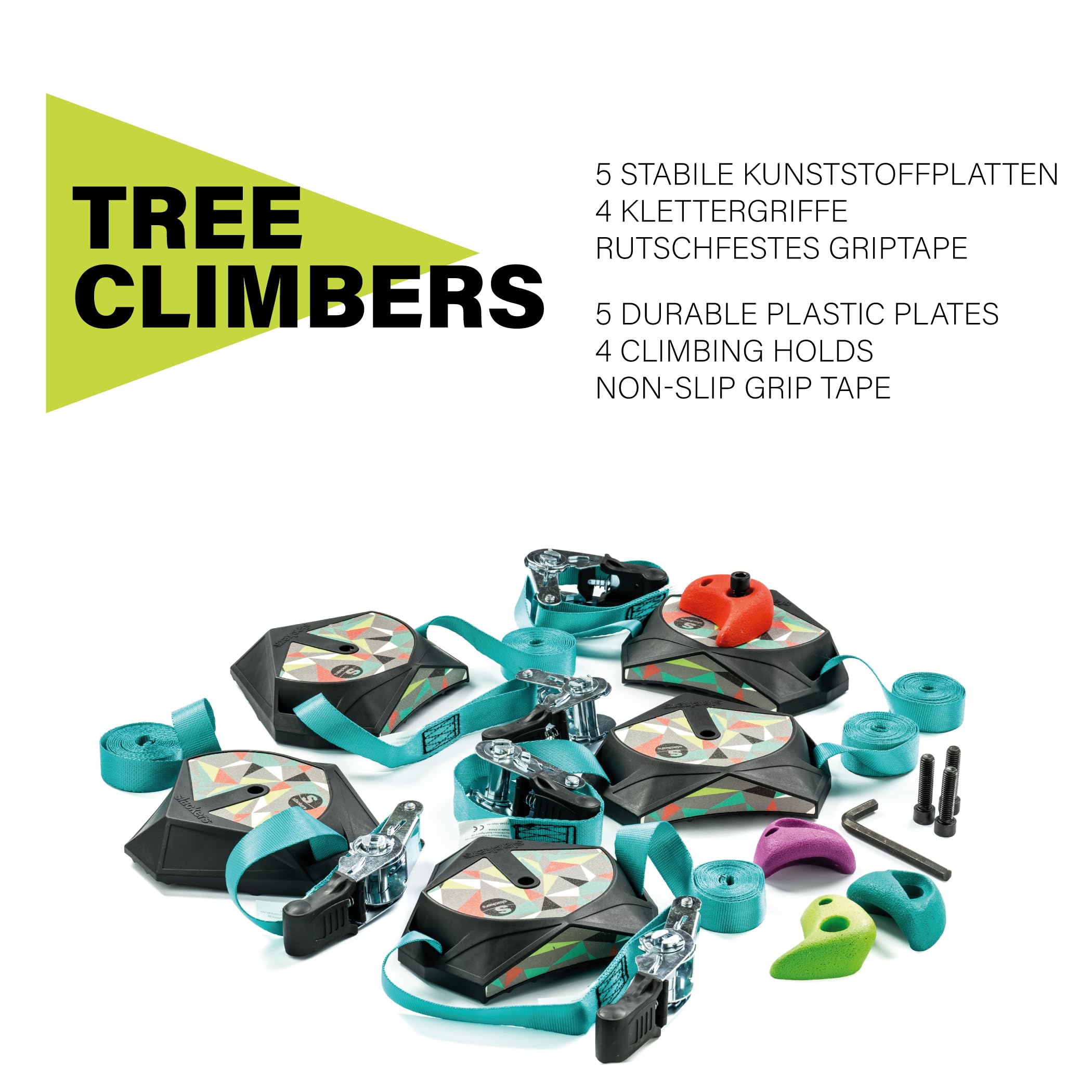 Slackers Ninja Treeclimbers Kletterset - 5 Baumtrittplatten mit Anti-Rutsch-Griptape & 4 Klettergriffen - Kletterhilfe für Kinder & Familien - Baumklettern für Garten & Baumhaus - max. 113 kg