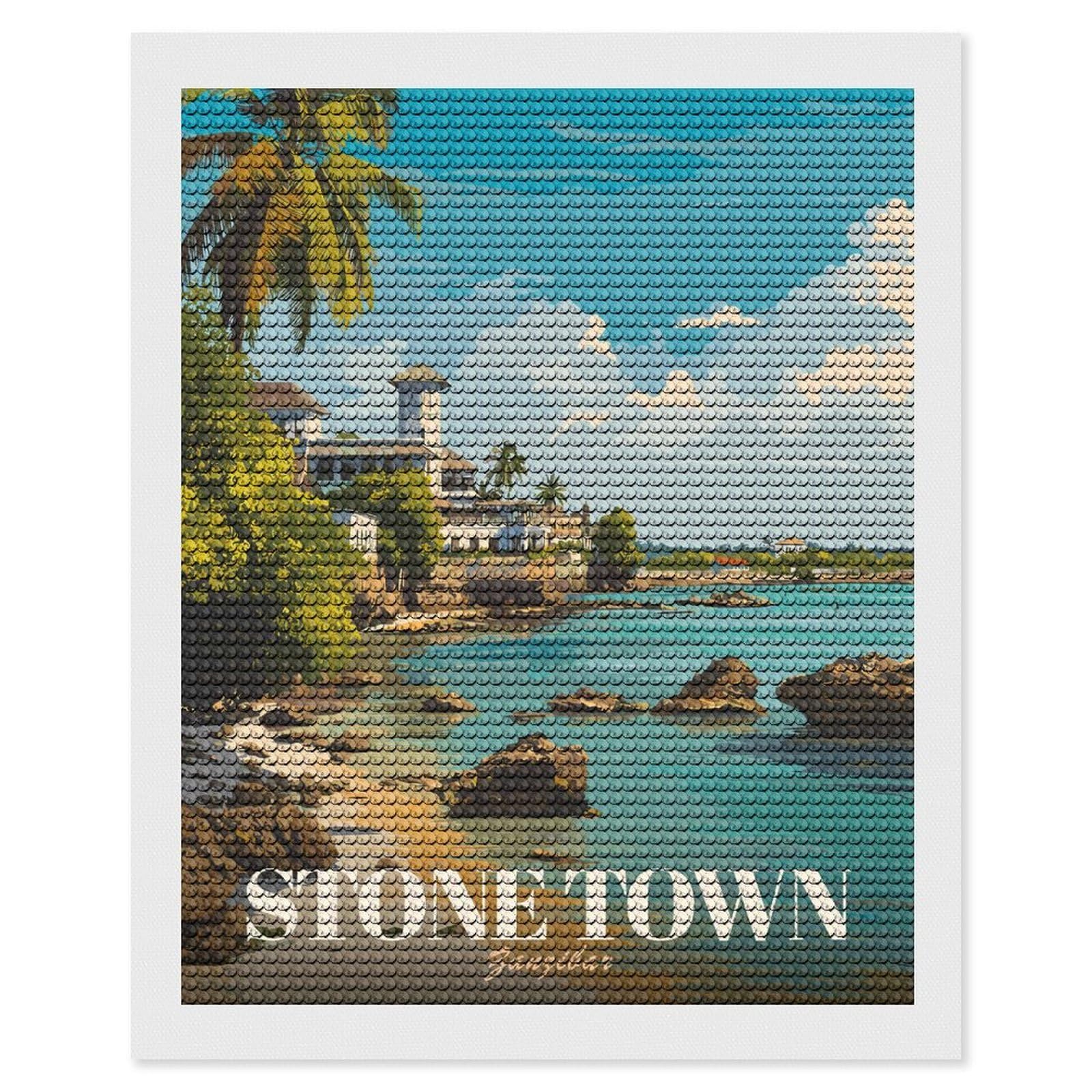 Junmoney Stone Town Zanzibar Travel Diamond Art Kit 16"x20", Holiday Gift Idea, for Women, Easy Handmade Project, Vintage Style Decor, Printed Canvas
