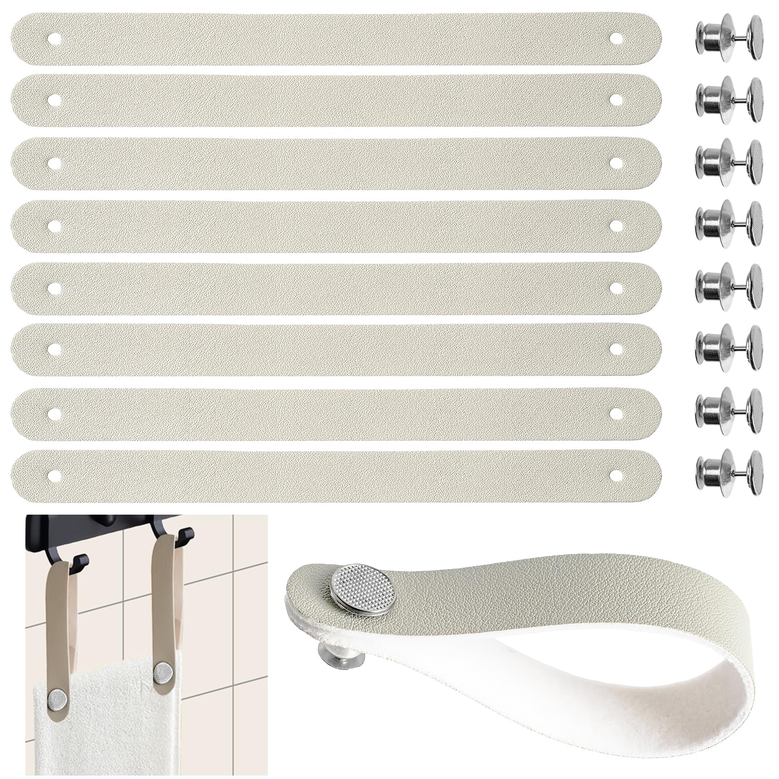 8 Pezzi Ganci per Tessuti Senza Cuciture Appendi Strofinacci Cucina 15 * 1.2cm Pelle PU con Chiusura a Bottone Ganci per Asciugamani per Asciugamani,Bagno,Stracci,Decorazione,Campeggio(Beige)
