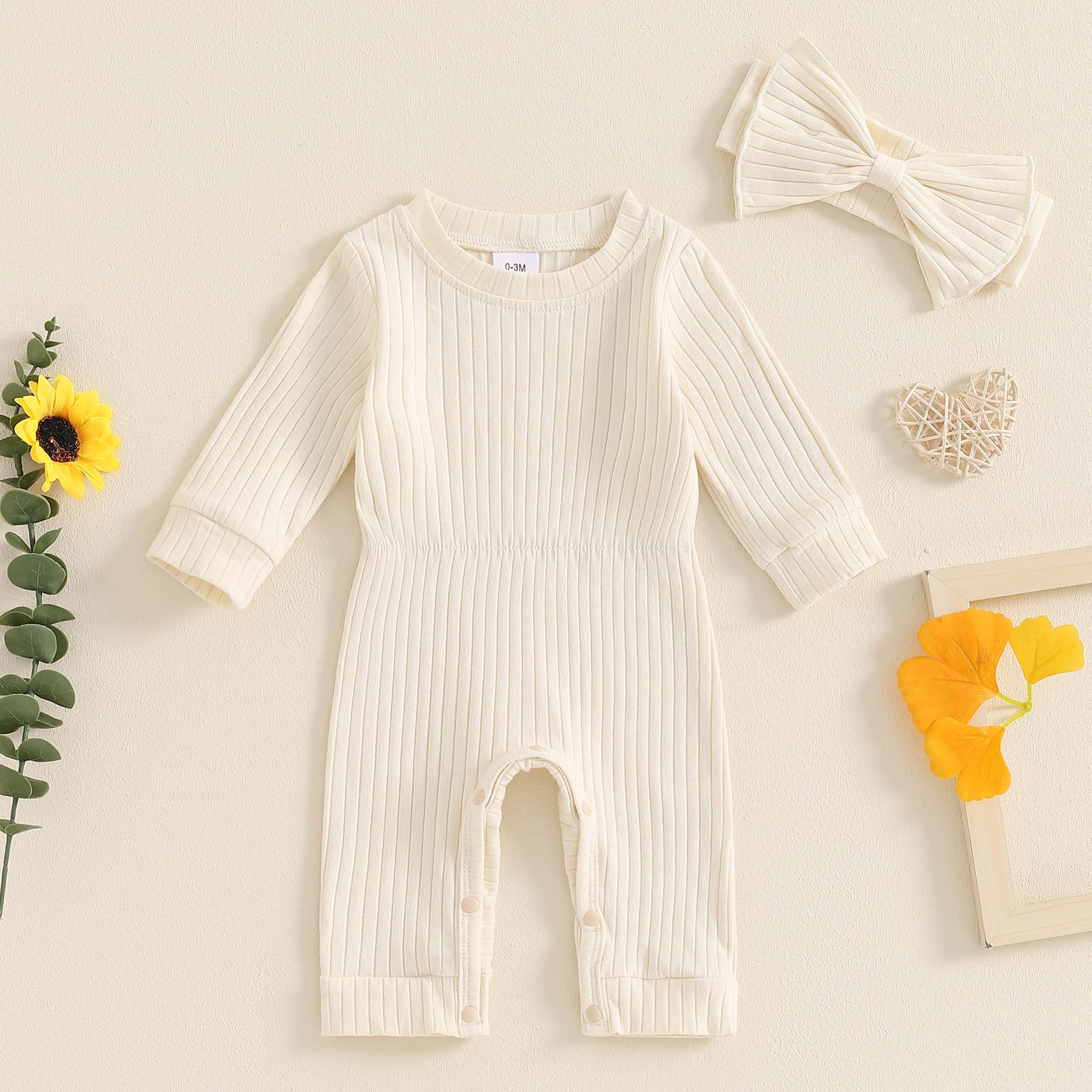Winioder Newborn Baby Girl Fall Clothes Ribbed Long Sleeve Romper Jumpsuit with Headband Infant 2Pcs Coming Home Outfit(Beige,Newborn)