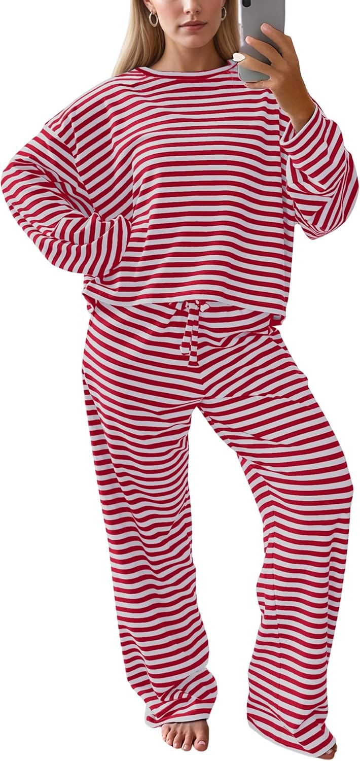 MISSACTIVER Women's Striped 2 Piece Lounge Set Casual Long Sleeve T-Shirt Drawstring Wide Leg Pants Matching Pajamas Set