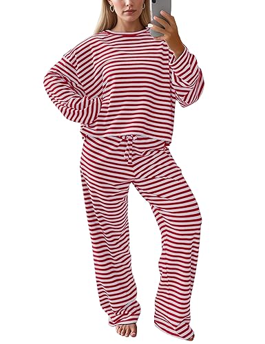 Women's Striped 2 Piece Lounge Set Casual Long Sleeve T-Shirt