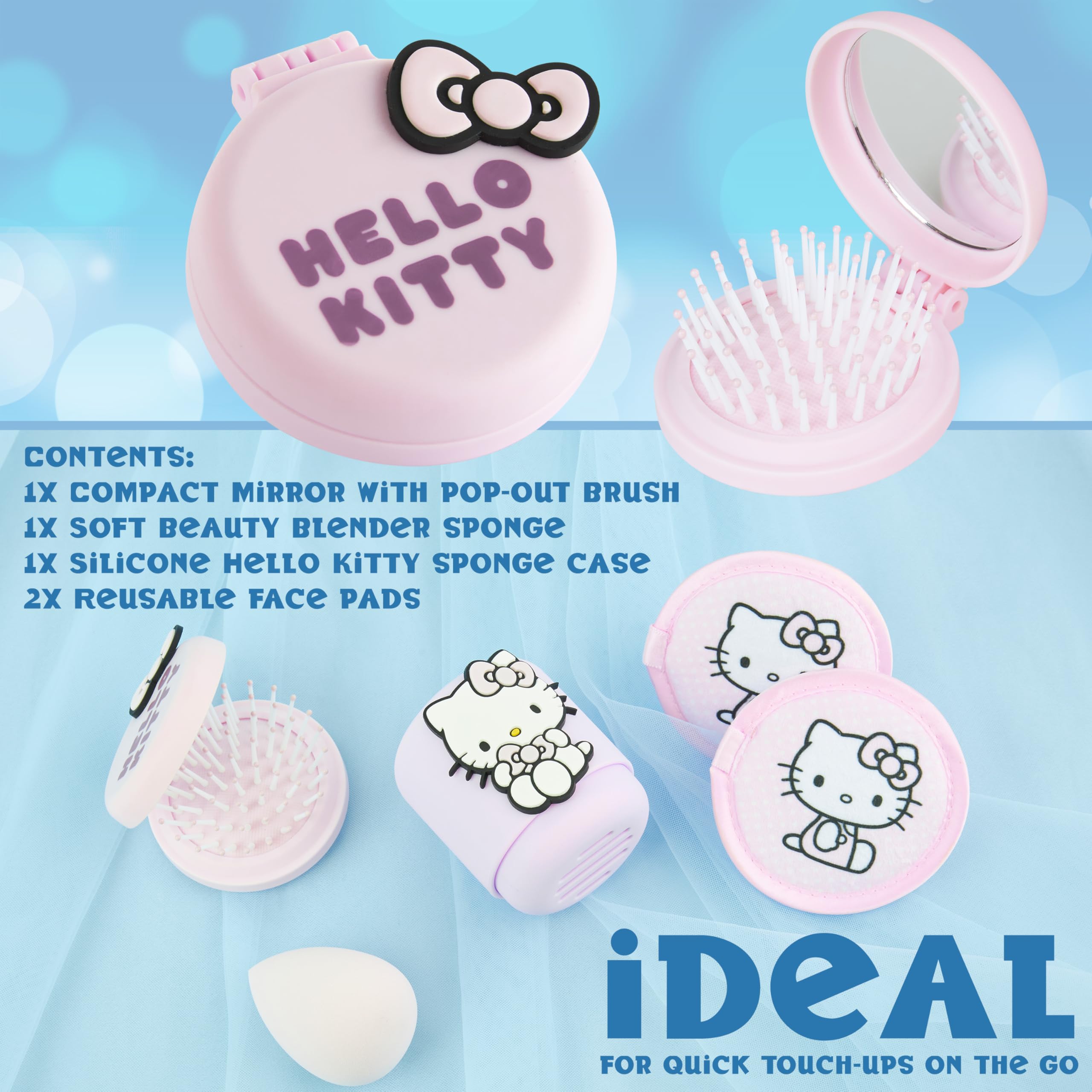 Hello Kitty Sanrio Set Beauty Ragazza, Mini Spazzola Capelli con Specchio, Spugnetta Trucco, Lavabile Dischetti Struccanti, Regali per Lei