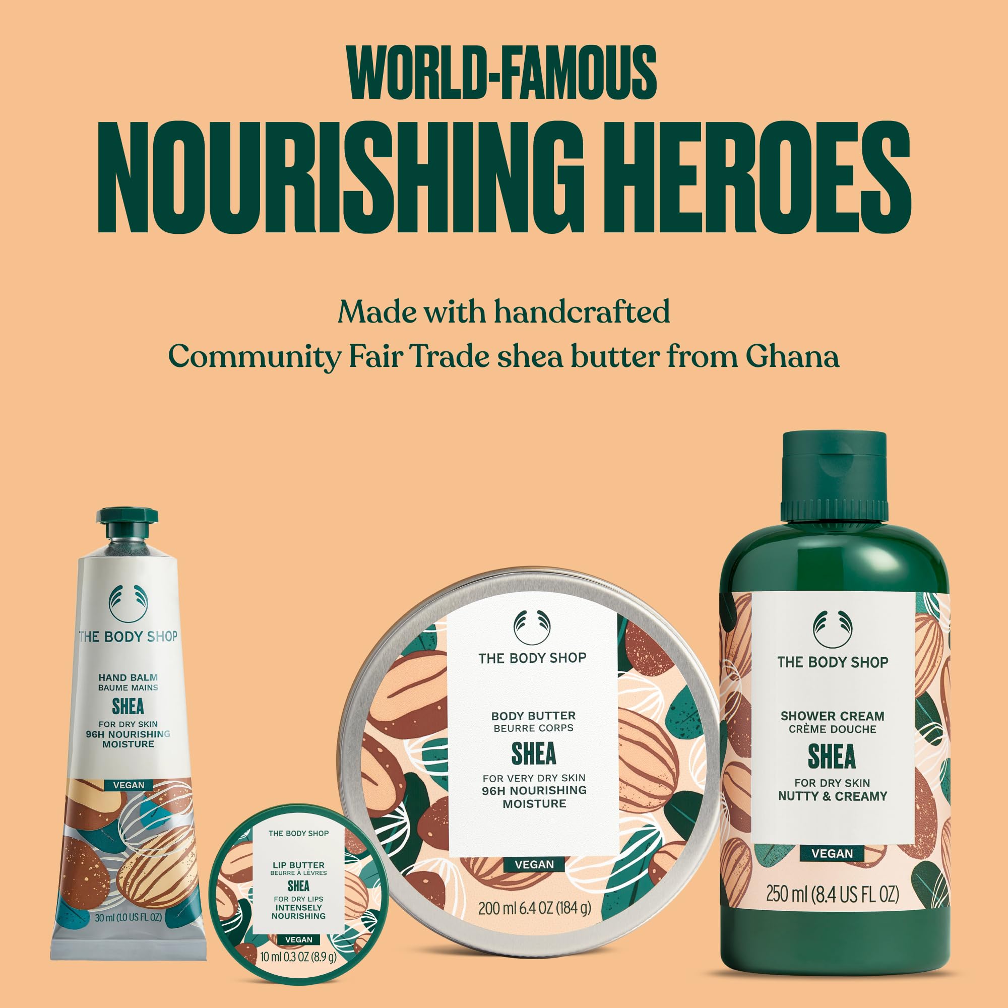 The Body Shop Shea Collection Geschenkset (Duschcreme 250 ml + Körperbutter 200 ml + Lippenbutter 10 ml + Handbalsam 30 ml), pflegende Sheabutter-Kollektion für weiche, glatte Haut, vegan