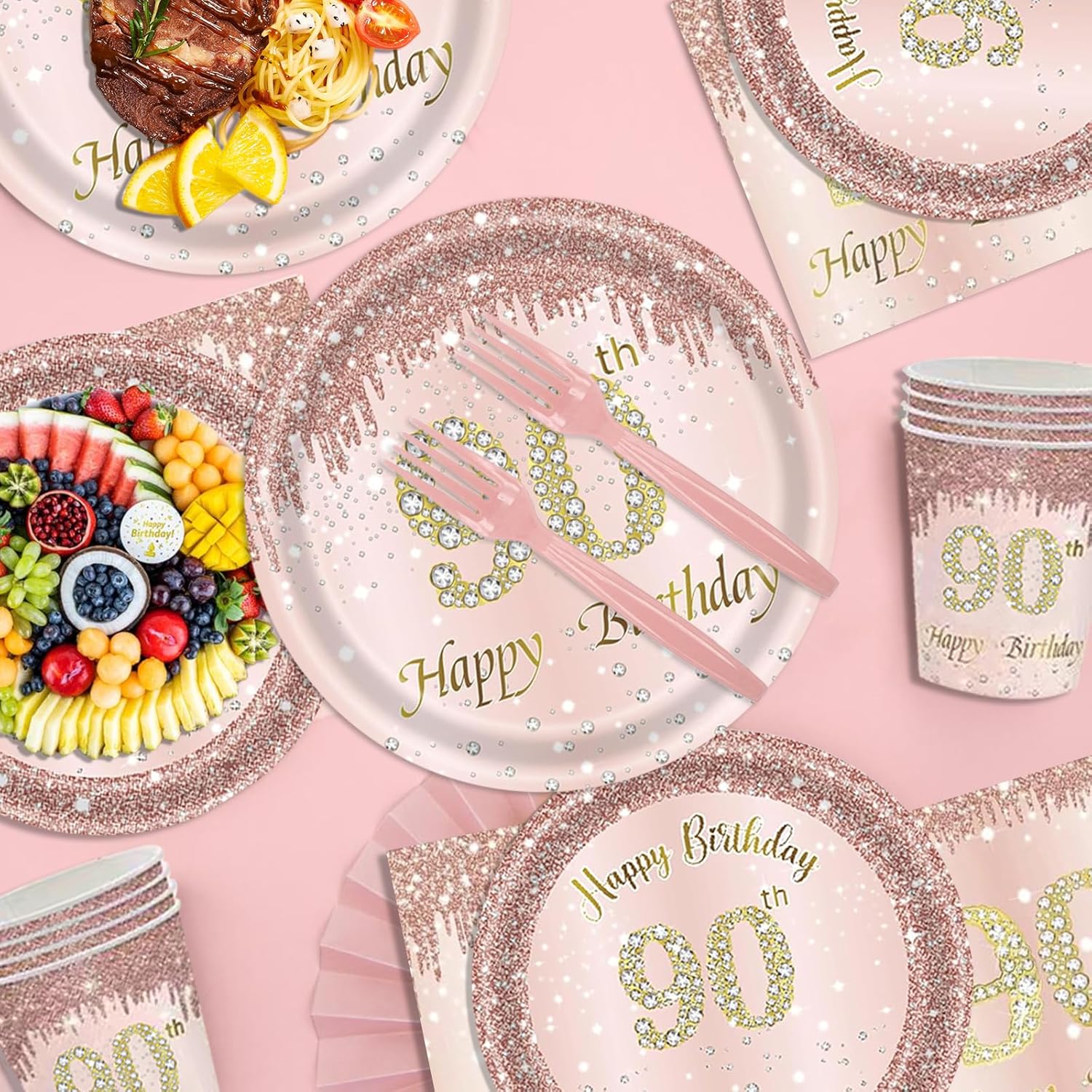 121Pcs 90th Birthday Party Supplies Plates Napkins Cups Forks Tablecloth Rose Gold Happy 90th Birthday Themed Disposable Tableware Decorations Serves 24 Guests for Women 90 Years - Image 3