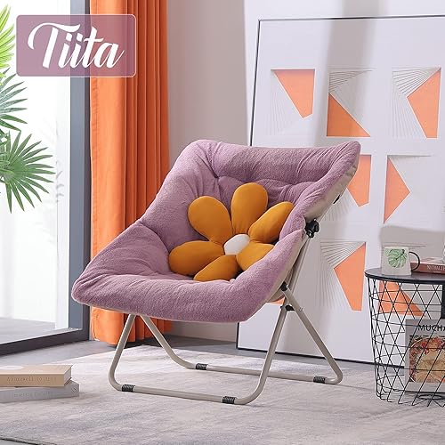 Miniatura 7 de Tiita Comfy Saucer - Silla plegable de gran tamaño de piel sintética suave, silla perezosa para niños, adolescentes y adultos, silla lunar con marco