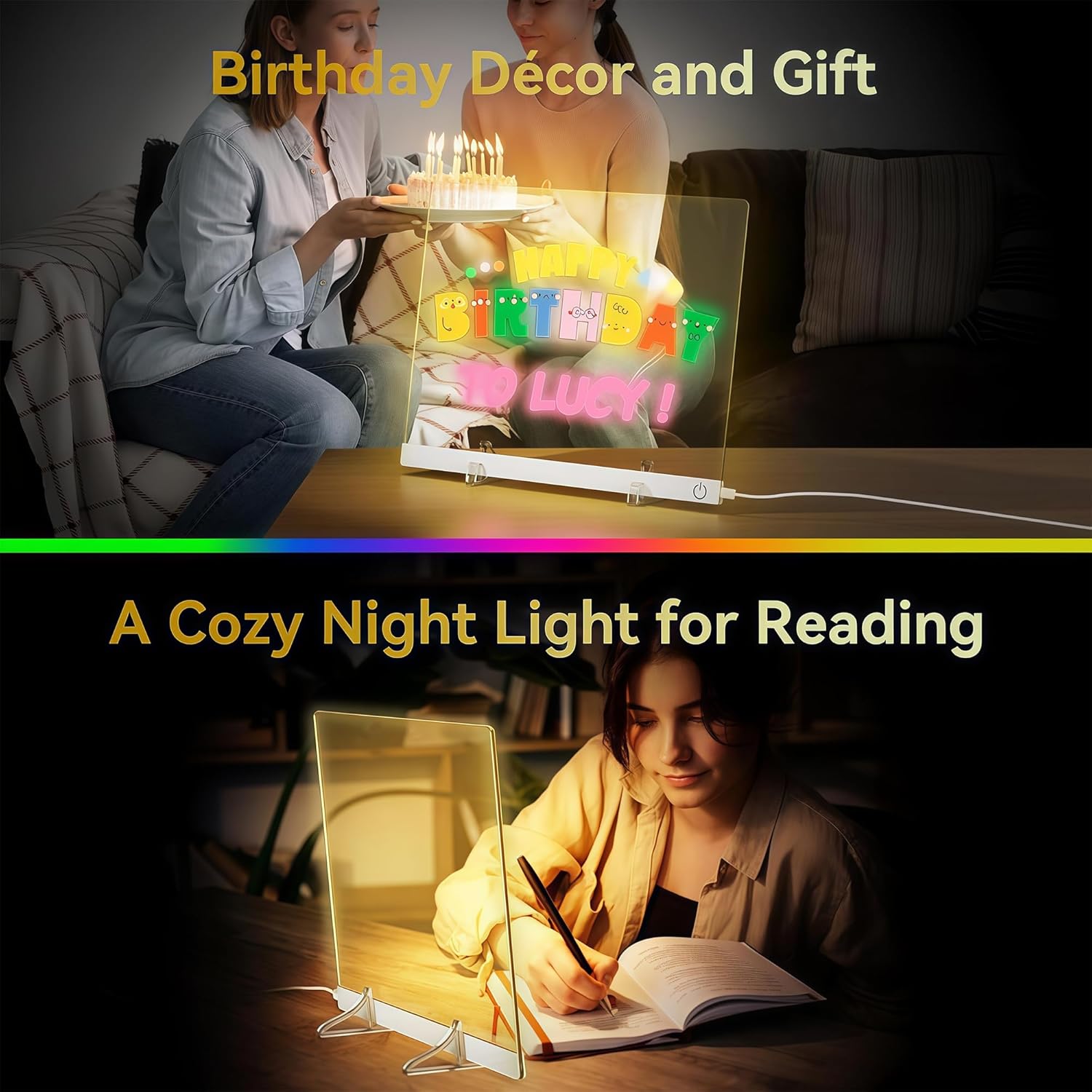 LED Drawing Board, Glow Acrylic Dry Erase Message Board with Light, 7 Colors & 4 Modes with Stand, Night Light for Room, Get Extra 7 Markers & 10pcs 3D Magic Puffy Paint Kit (15.8'' x 11.8'')