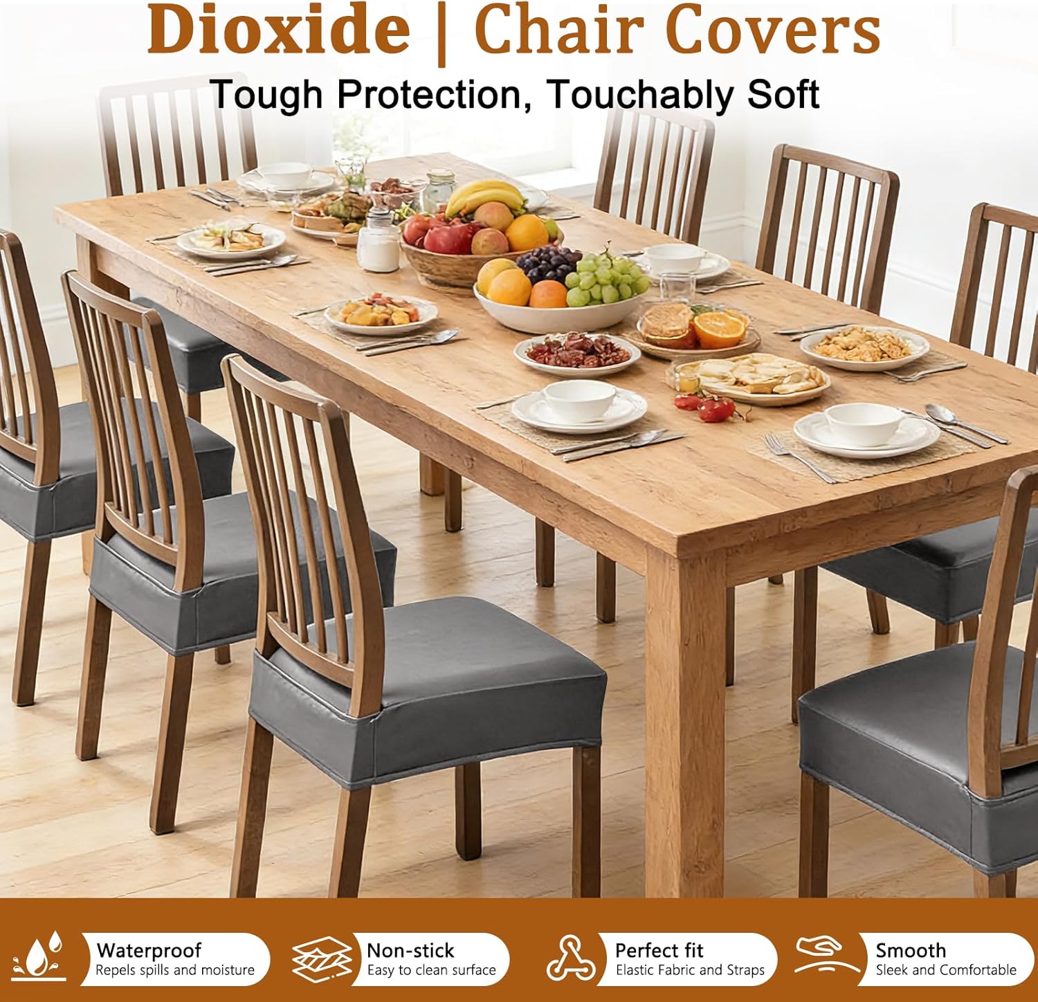 Dioxide Chair Covers Waterproof Pu Leather Seat Covers for Dining Room Chairs Set of 6,Soft Chairs Seat Slipcovers with Anti-Slip Elastic Band Protector Cover Stretch Kitchen Seat Covers(Grey)