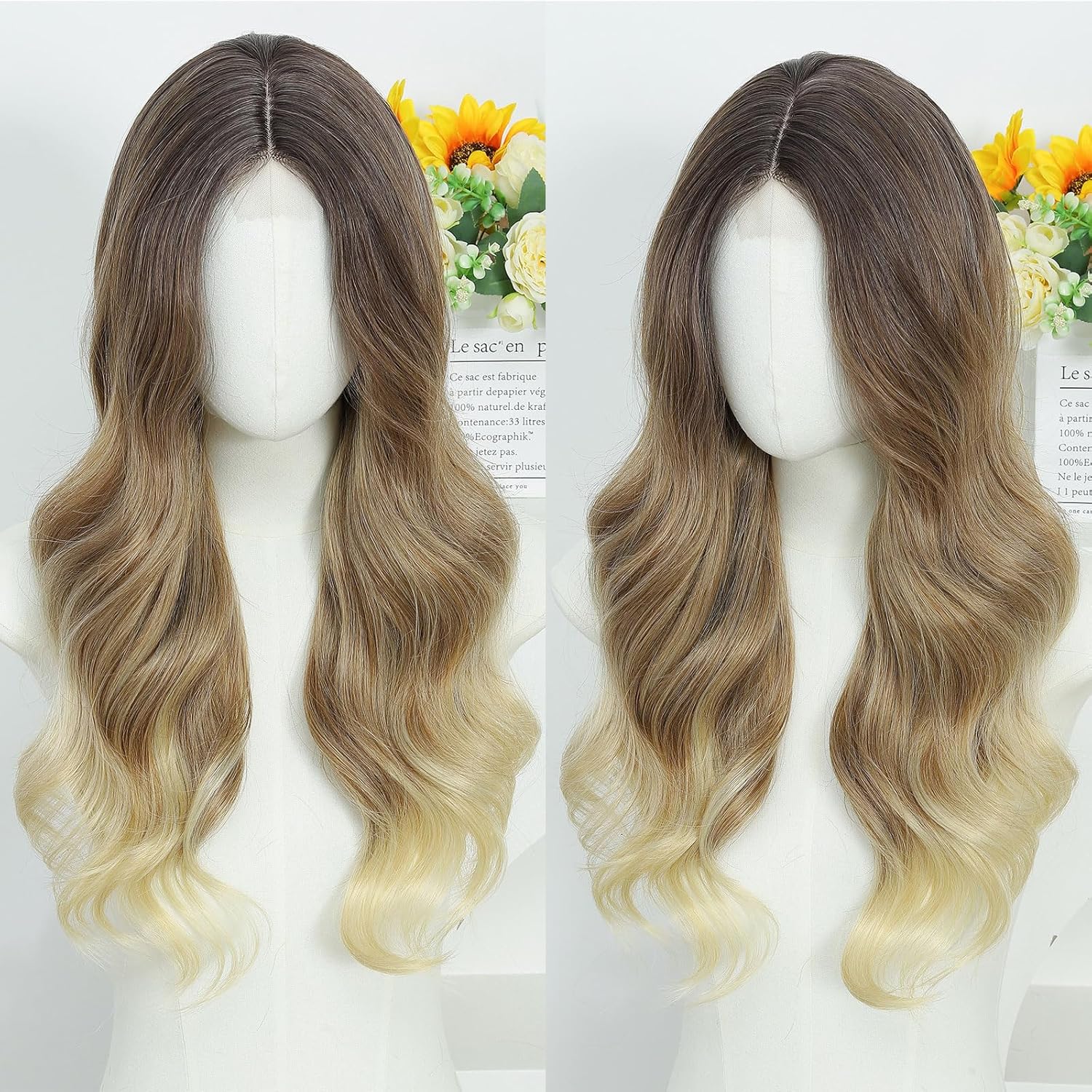 Long Wavy Synthetic Wig for Women, Middle Part Ombre Blonde Lace Front Wig, 24 Inch Glueless Wig for Daily Wear, Heat Resistant Hair