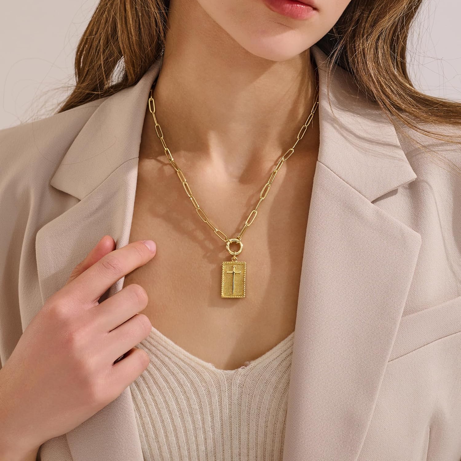 JINEAR Cross Necklaces for Women,14K Gold Plated Paperclip Cross Pendant Necklace Non-Tarnish Faith Jewelry Replaceable Pendant Charm Dainty Christian Faith Birthday & Christmas Gifts - Image 3