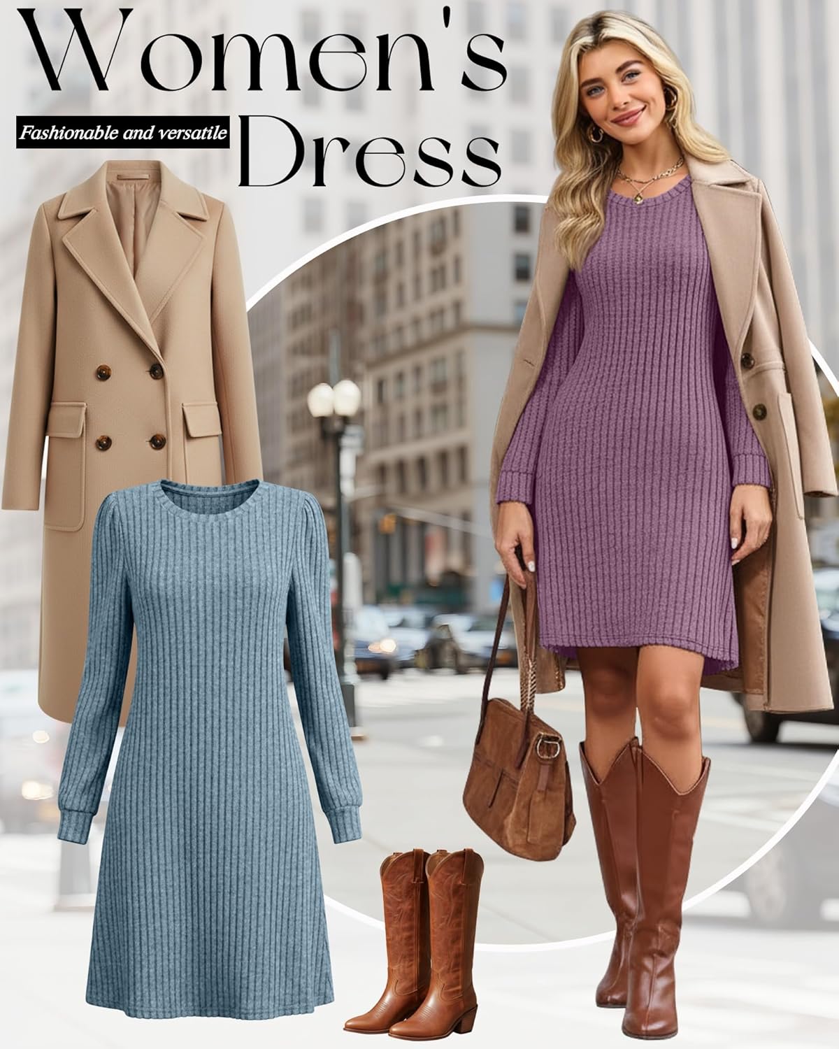 3 Pack Women's Long Sleeve Sweater Dress Ribbed Knit Crew Neck Tunic Dresses 2025 Fall Casual Trendy Outfits - Image 4