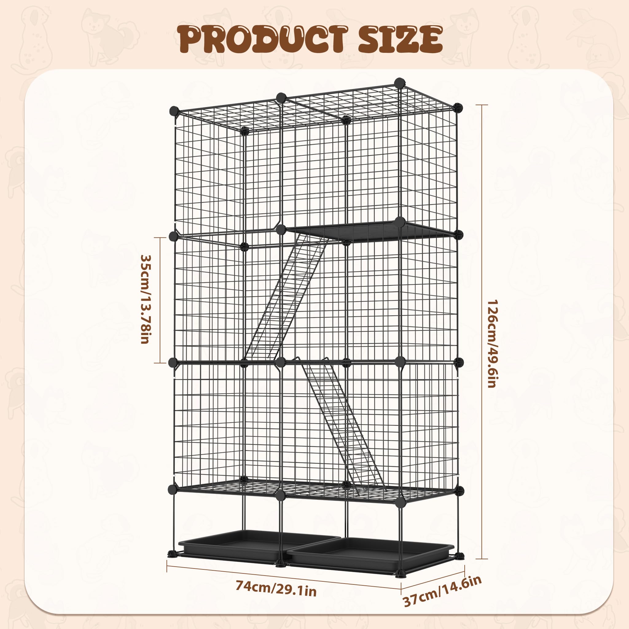 FIVMEN Parque para gatos de 3 pisos extraíble, 74 x 37 x 126 cm con 2 escaleras y jaula grande