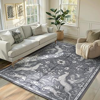 Lahome 5x7 Washable Area Rug for Living Room, Woodland Deer Boho Animal Rug, Vintage Botanical Grey Non-Slip Low Pile Large Carpet for Bedroom Dining Room Nursery Farmhouse Decor