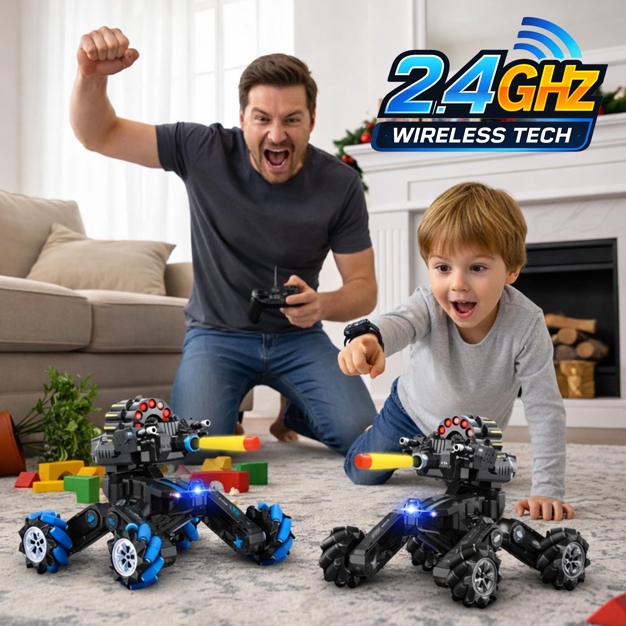 Tank RC Qui Tire Gesture Sensing RC Tank, Voiture RC Stunt à 360° Contrôle à Distance 2.4GHz avec Balles Souples de Combat et Contrôle Manuel, Camions Télécommandés Drift pour Garçons & Filles 8-12