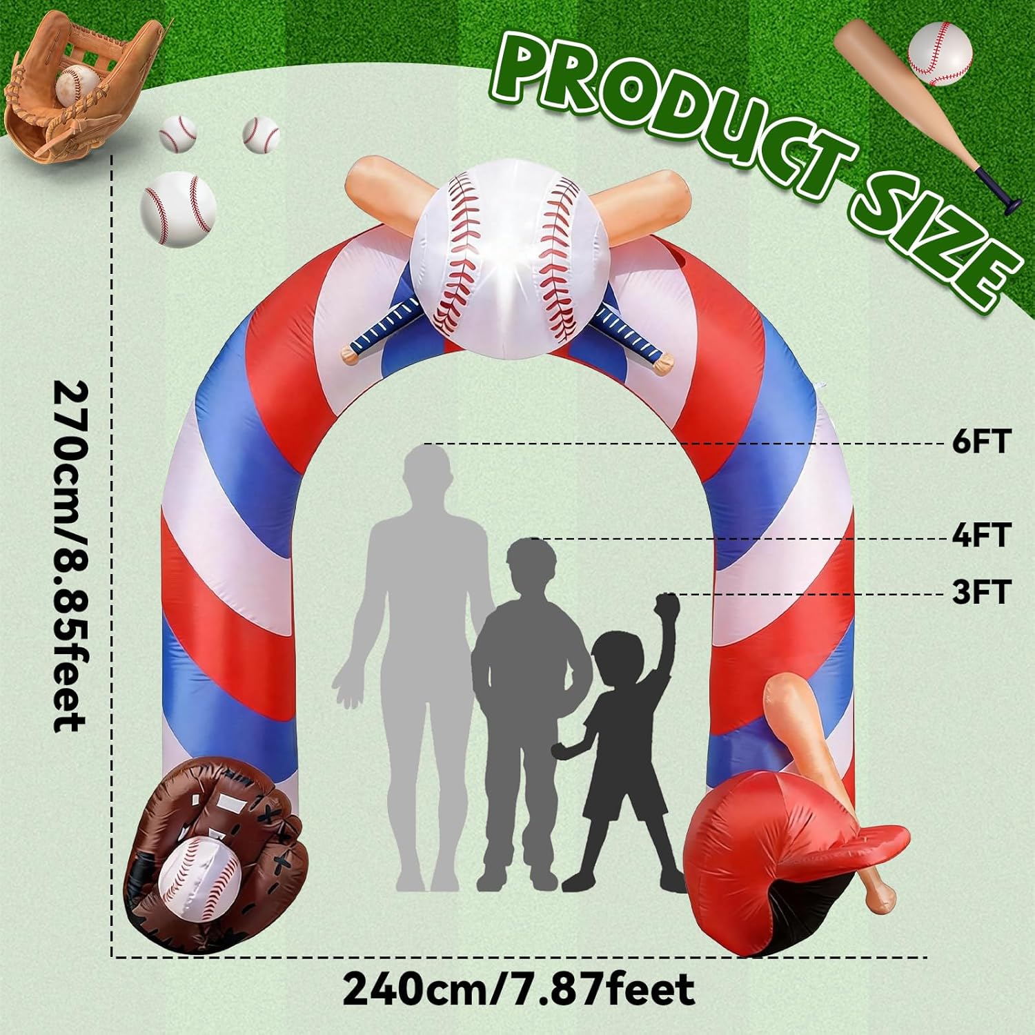 9 Ft Baseball Inflatables Arch Giant Baseball Inflation Arch with LED Light Sports Theme Blow up Archway for Boys Baseballs Birthday Party Stadium Yard Outdoor Lawn Blow-Up Backdrop Decoration