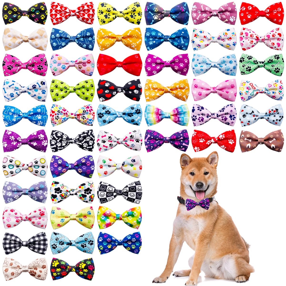 PET SHOW 50pcs Paw Bone Printed Small Dogs Bowties Collar Attachment Bows Embellishment Medium Dog Puppies Cats Collar Charms Accessories Bulk Slides Bow Ties for Birthday Wedding Parties, M/L