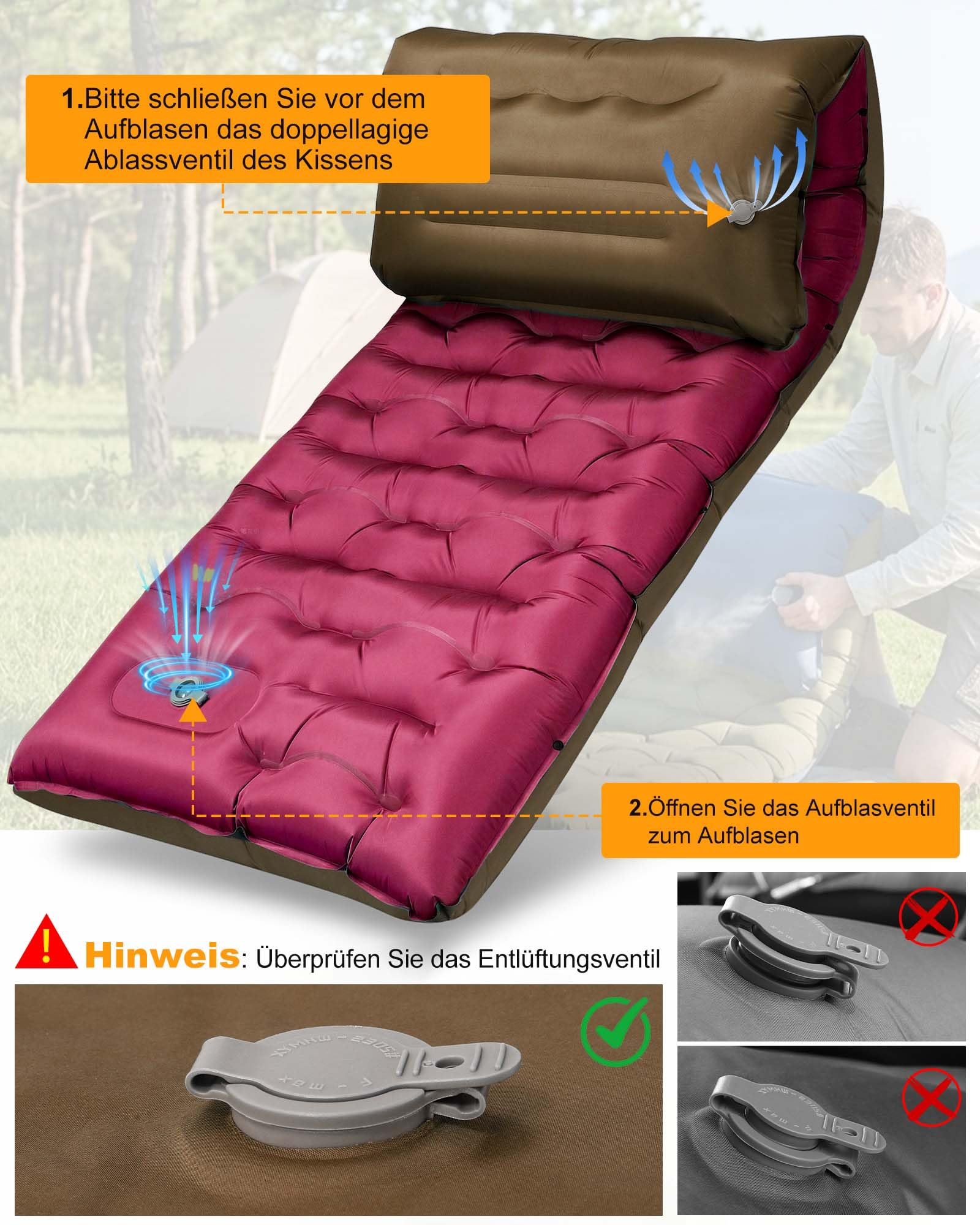 JasGood Isomatte Camping 15CM Ultraleicht Camping Luftmatratze mit Kissen und Fußpumpe Aufblasbare Matratze Kompakte Leichte Schlafmatte für Wandern Reisen Zelt Strand,Braun