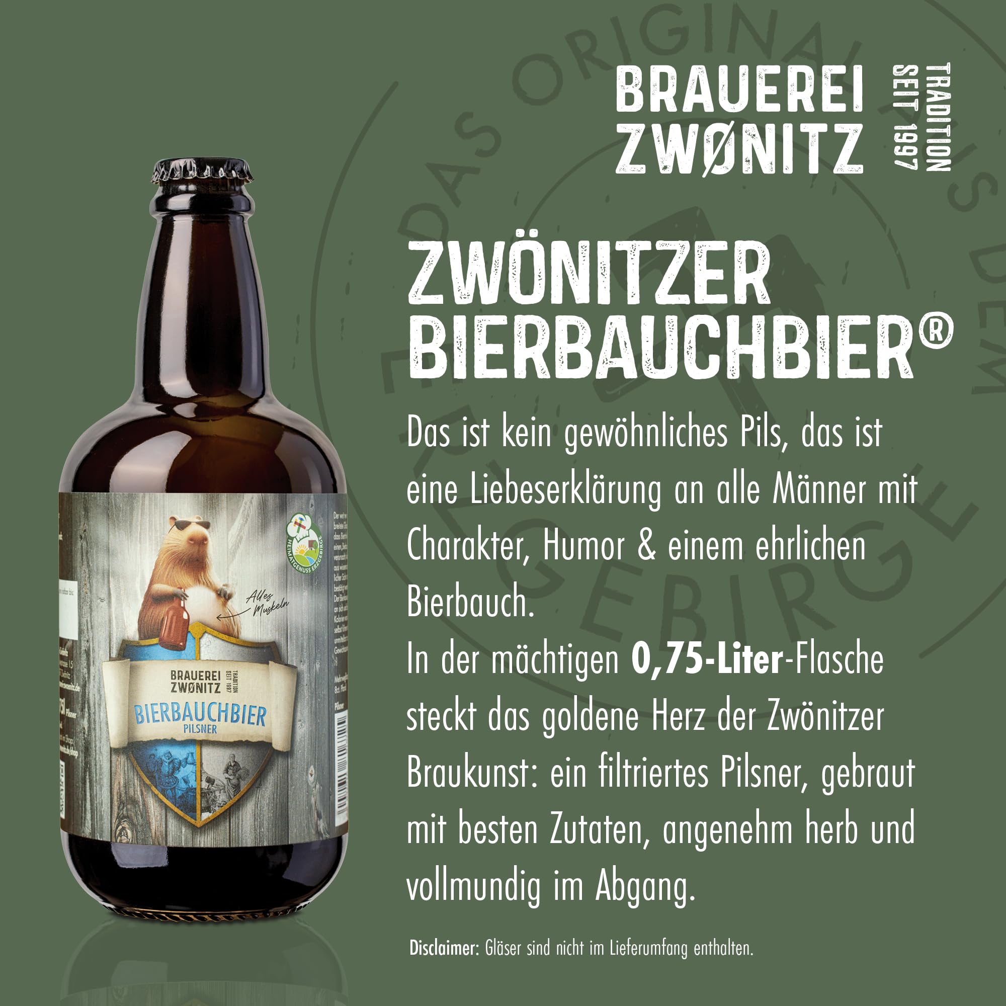 Brauerei Zwönitz Bierbauchbier® 0,75 Liter - Filtriertes Pilsner - Pils aus Sachsen - Feinherbes Bier - besondere Geschenkidee