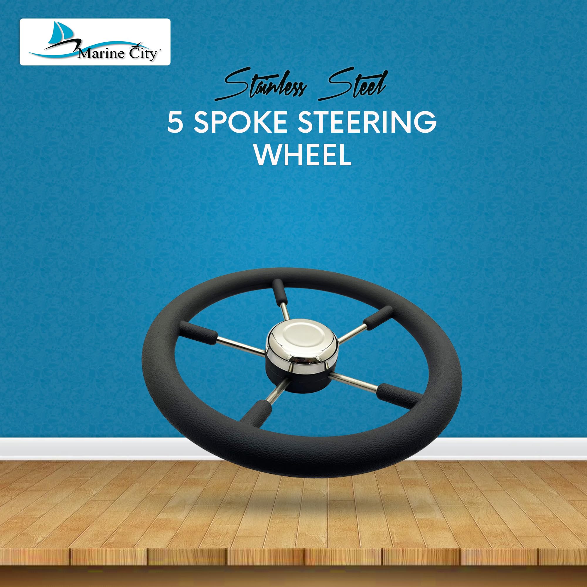 MARINE CITY 5-Spoke Steering Wheel, 316 Grade Stainless Steel (13-7/8 Inches) with Cast Aluminum Hub and Black PU Foam for Boats, Kayaks, Yachts, and Marines (Pack of 1)