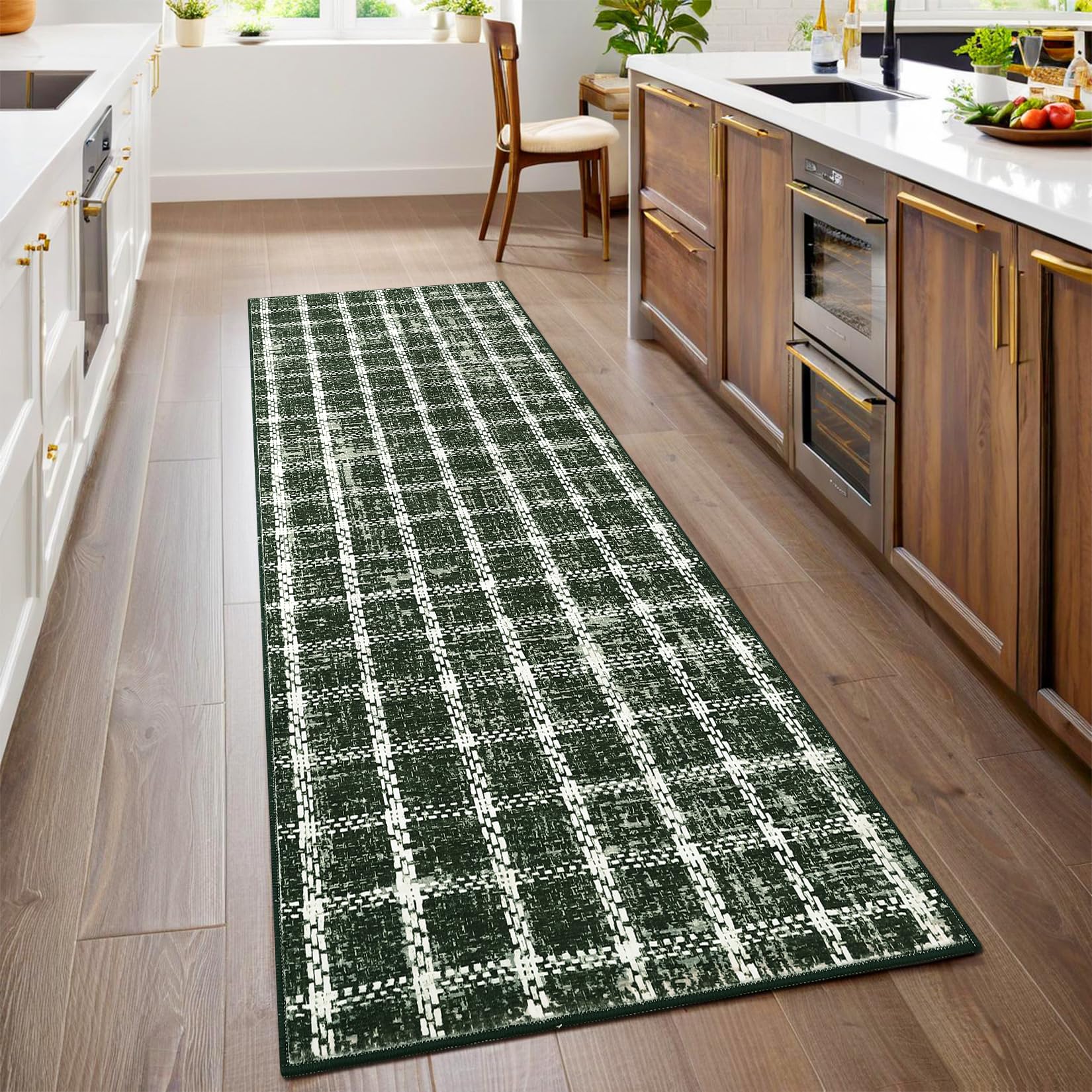 2x6 Runner Rug Non-Slip Washable Low-Pile - Checkered Braided Geometric Print for Kitchen Bathroom Hallway Entryway Indoor Green