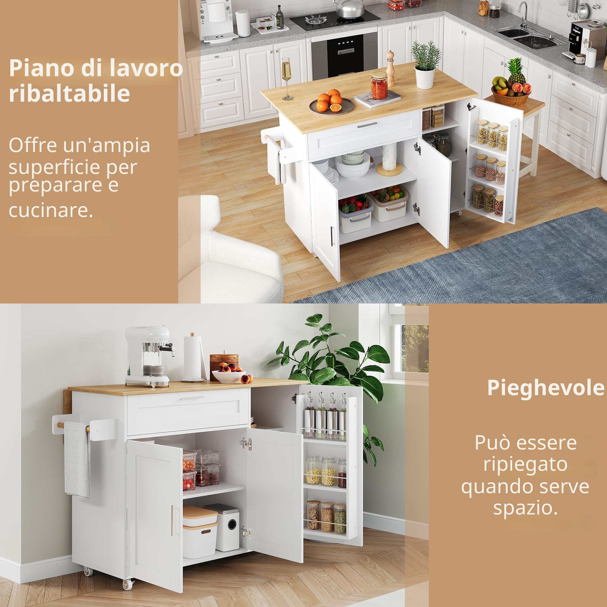 Carrello per isola da cucina con piano di lavoro pieghevole, armadio da cucina su ruote con cassetto e portaspezie e 3 ante, isola da cucina mobile, per cucina e sala da pranzo, 132,5 x 44 (70