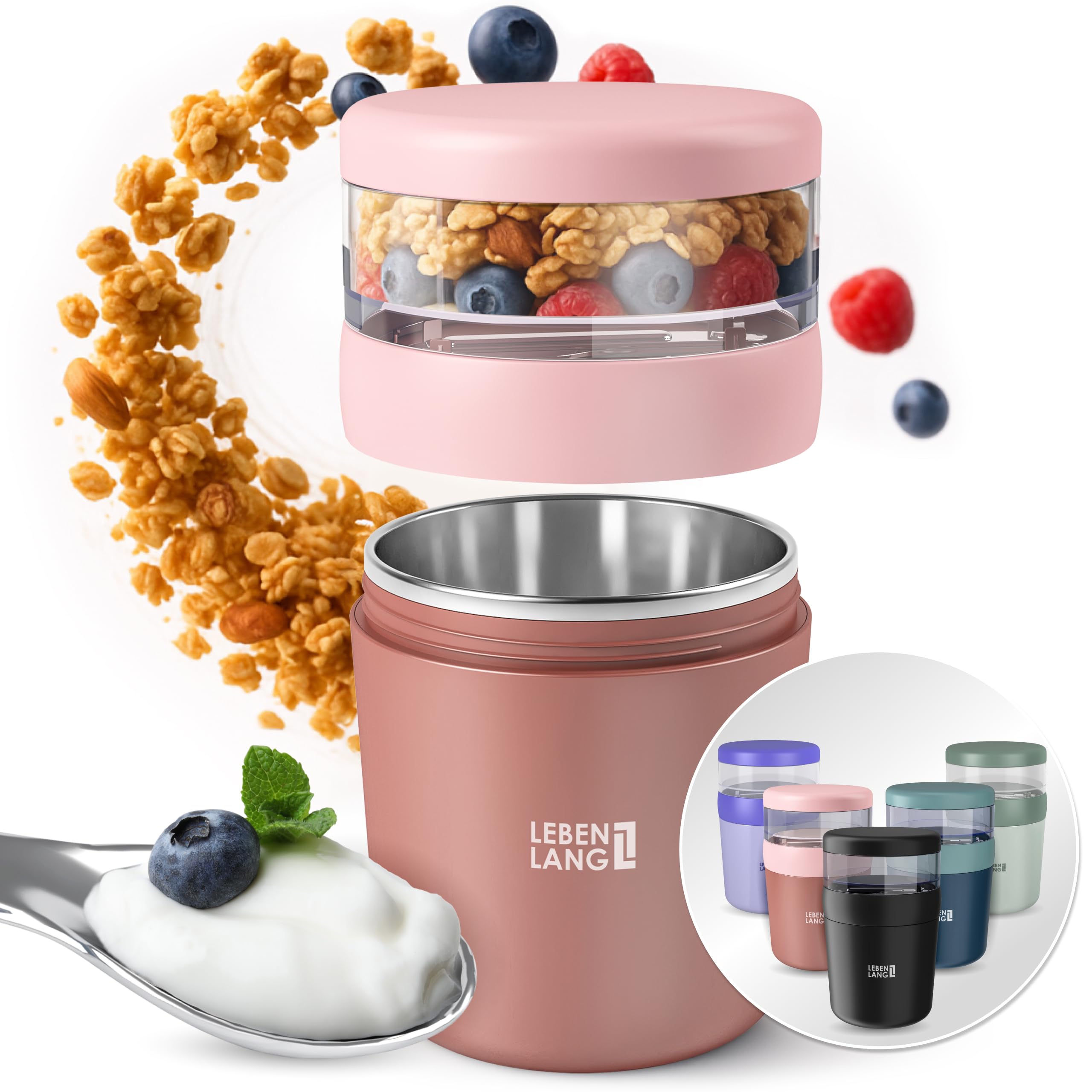 LEBENLANG Cereal Cup To Go with Spoon - 650ml Incl. Stainless Steel Inlet