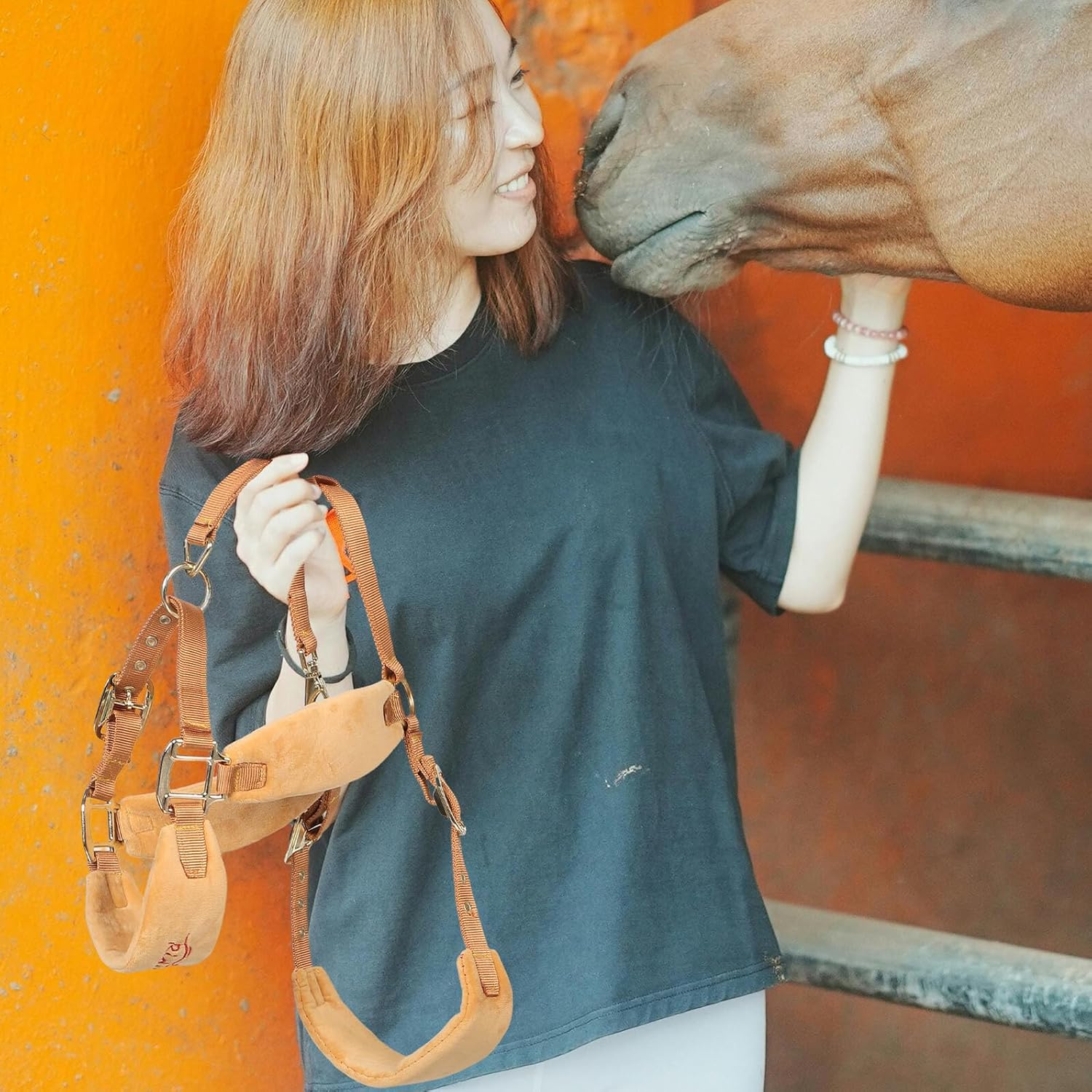 Horse Halter and Rope Large Size Yellow Adjustable Breakaway Equestrian Halter with Chin Strap Cover for Riding Ranch Training and Trail Use