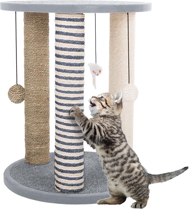 Arranhador para Gatos PETMAKER com 3 Postes de Sisal, Base e Pufe Revestidos, Cinza