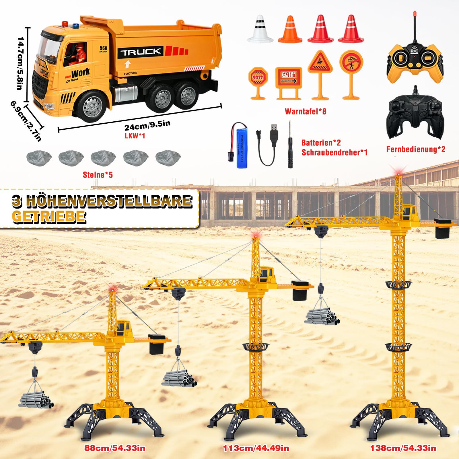 HILKKET Gru a Torre Telecomandata 138 cm, RC Gru a Torre, 2,4 Hz, 6 Canali Grue Telecommandée, Crane De Chantier Enfant con RC Dumper, Luci, Suono Grue Radiocomandata pour Enfants