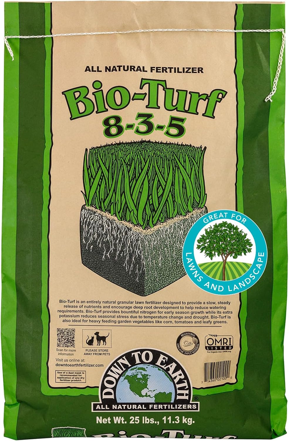 Down To Earth All Natural Fertilizers Organic Bio-Turf Lawn Food for Grass, Landscape and Ornamentals - Works with Lawn Spreaders 8-3-5, 25 Lb