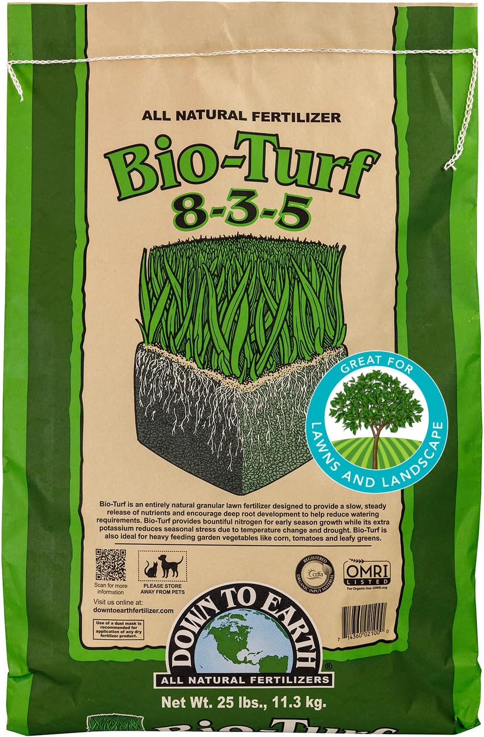 Organic Bio-Turf Lawn Food for Grass, Landscape and Ornamentals - Works with Lawn Spreaders 8-3-5, 25 Lb