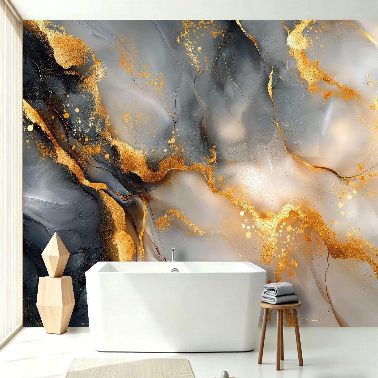 Carta da parati in tessuto non tessuto, 200 x 140 cm, carta da parati fotografica, decorazione da parete per sfondo TV, soggiorno, appartamento, facile da montare, moderna, nero, bianco, oro, marmo