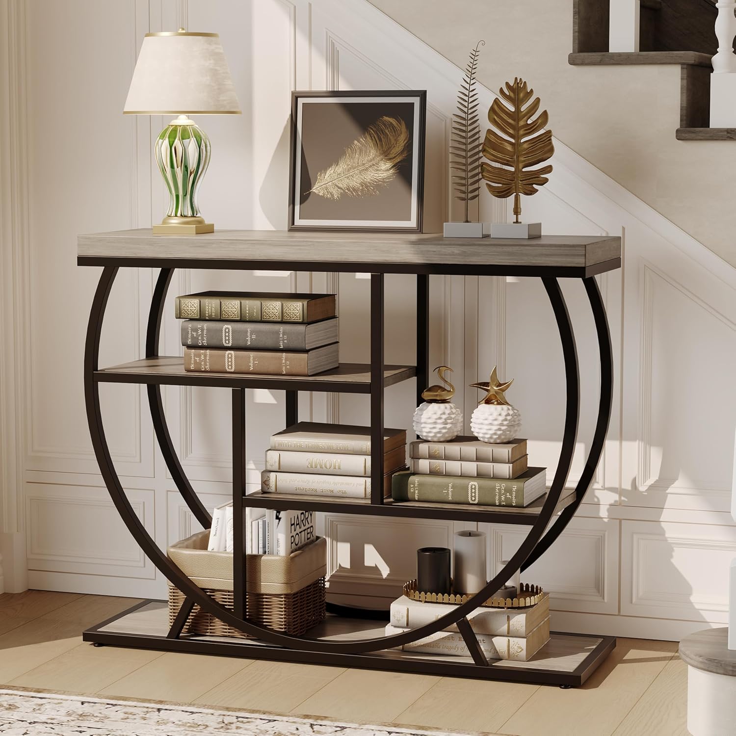 3-Tier Industrial Entryway Table with Semicircular Metal Frame, Open Shelf Console Sofa Table for Living Room, Hallway, Foyer Storage Accent Table with Adjustable Feet, Rustic Wood Top （Grey）