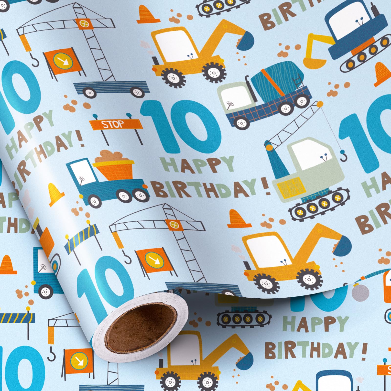 RUSPEPA 10th Birthday Wrapping Paper for Boy - Mini Roll - Blue Cartoon Cars Trucks and "Happy Birthday" Text Pattern- 43.2cm x 5m - 10 Years Old