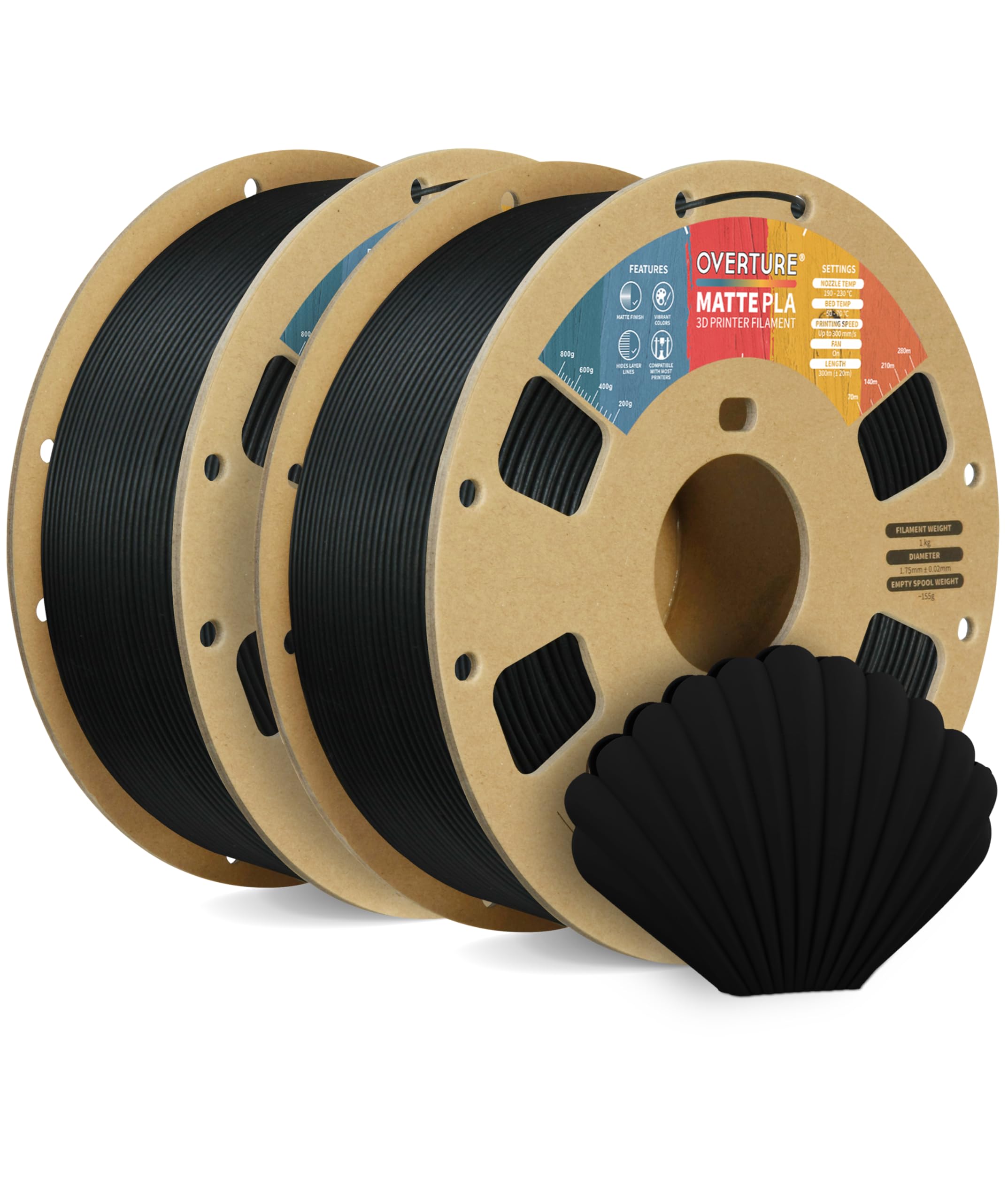 OVERTURE Filamento Matte PLA 1.75mm, 2kg Bobina (4.4lbs) Opaco PLA Filamenti per Stampante 3D, Neatly Wound Filamento Precisione Dimensionale +/- 0.02 mm, Matte Nero 1kg*2